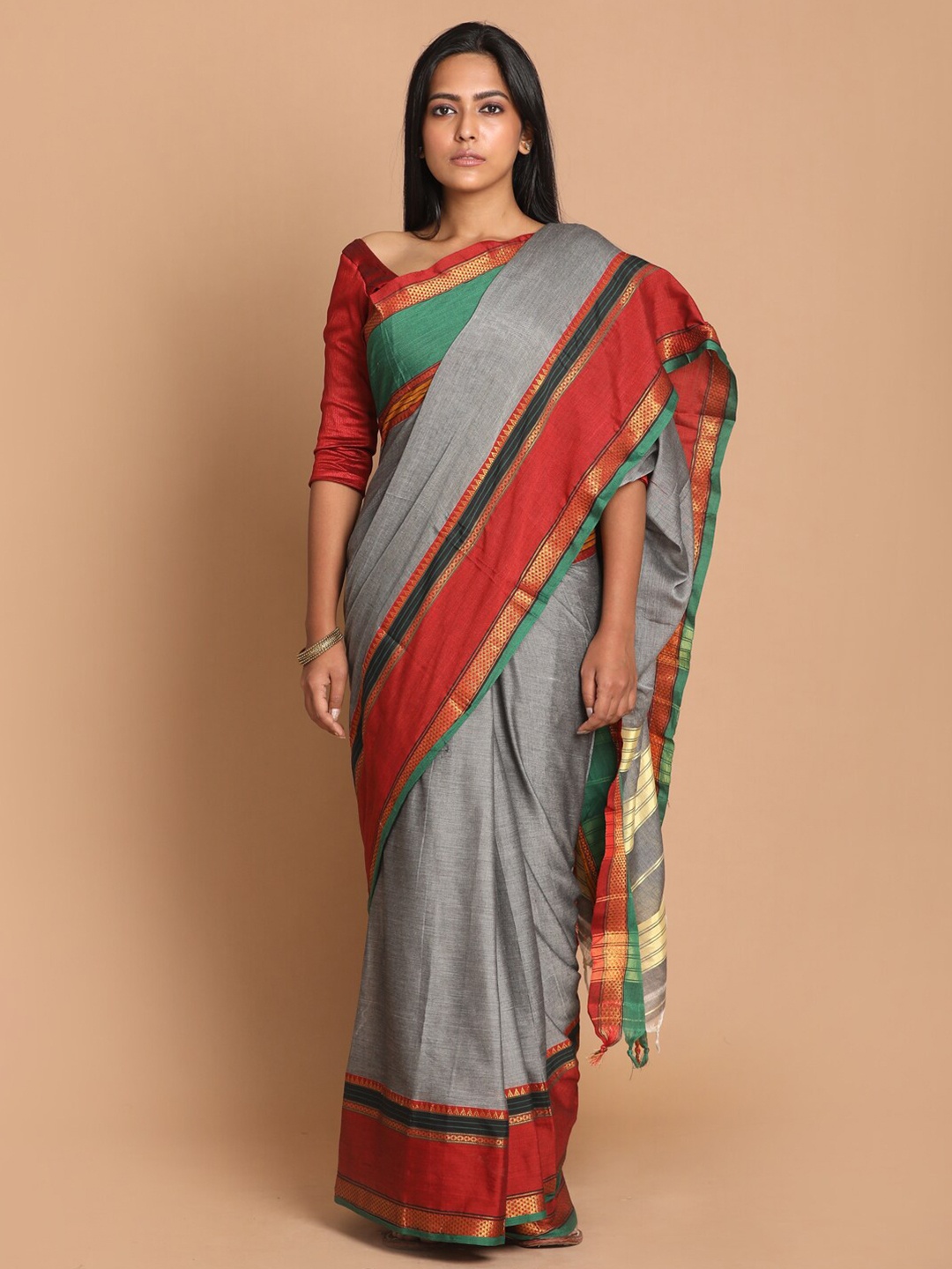 

Saranee Grey & Red Zari Pure Cotton Saree