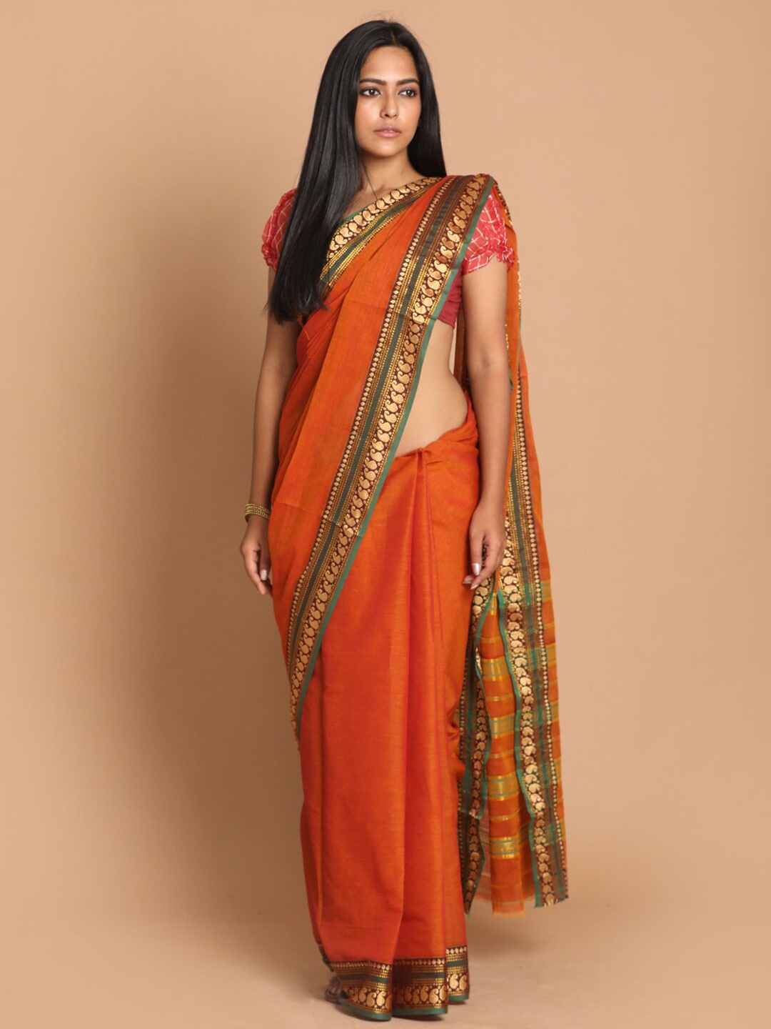 

Saranee Rust & Green Zari Pure Cotton Saree