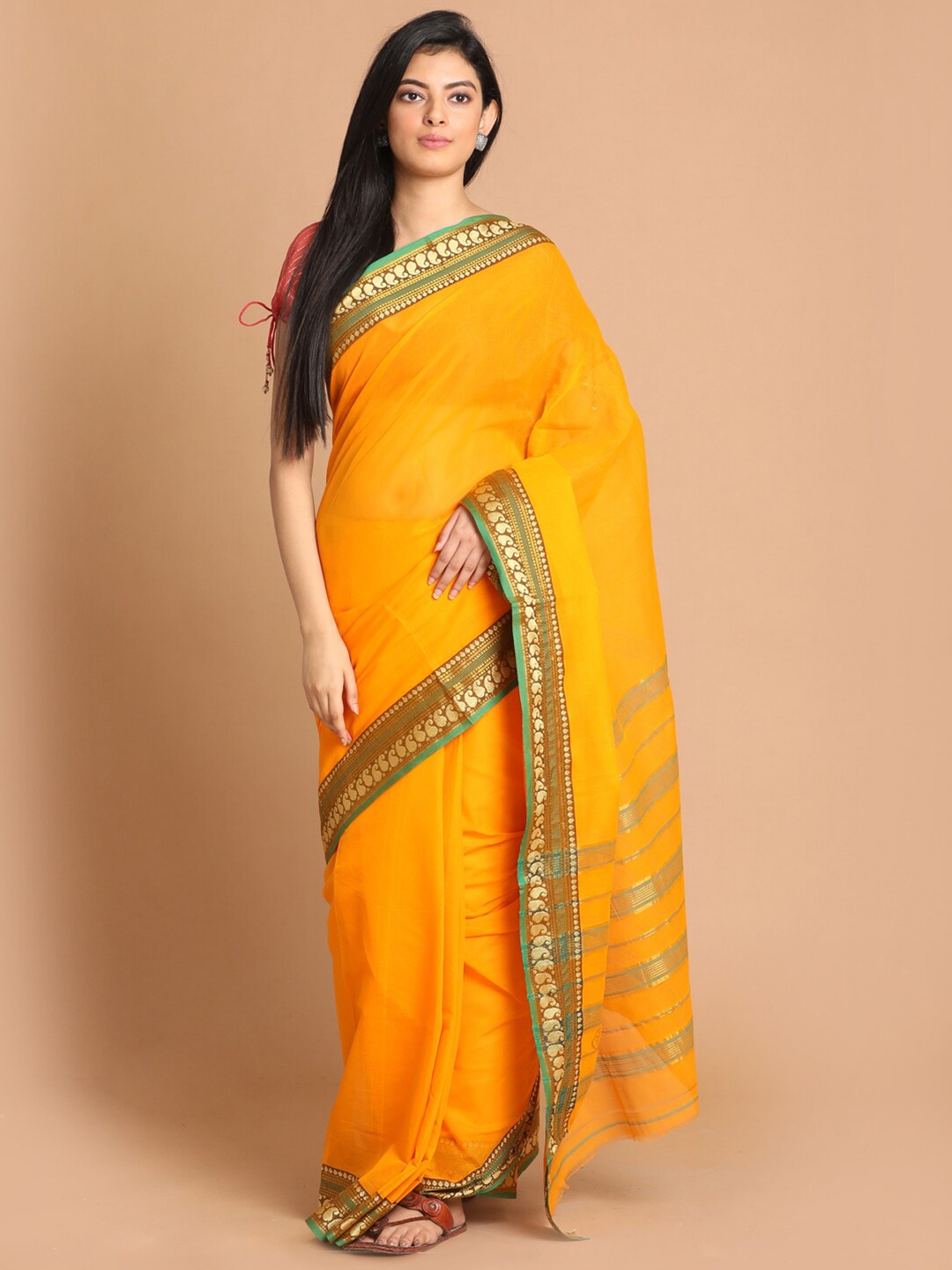 

Saranee Yellow & Green Zari Pure Cotton Saree