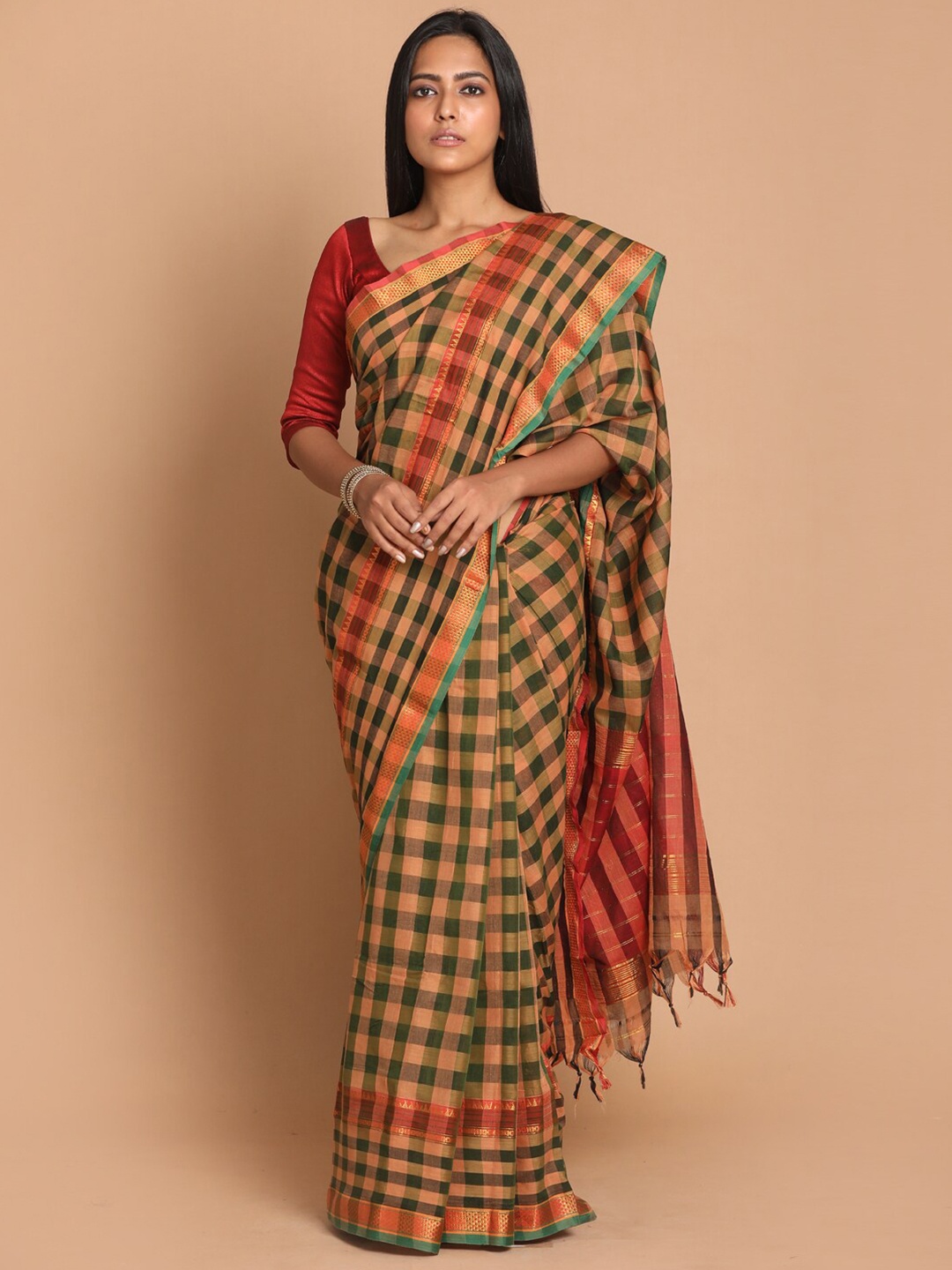 

Saranee Olive Green & Orange Checked Zari Pure Cotton Saree