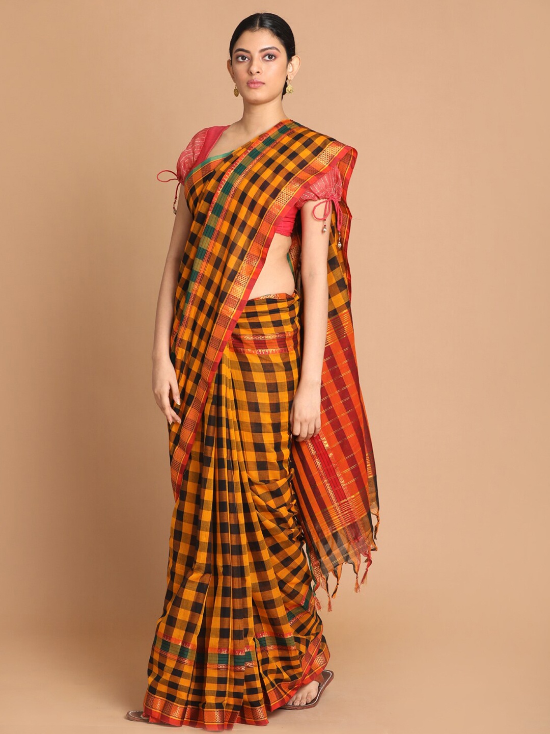 

Indethnic Mustard & Black Checked Zari Pure Cotton Saree