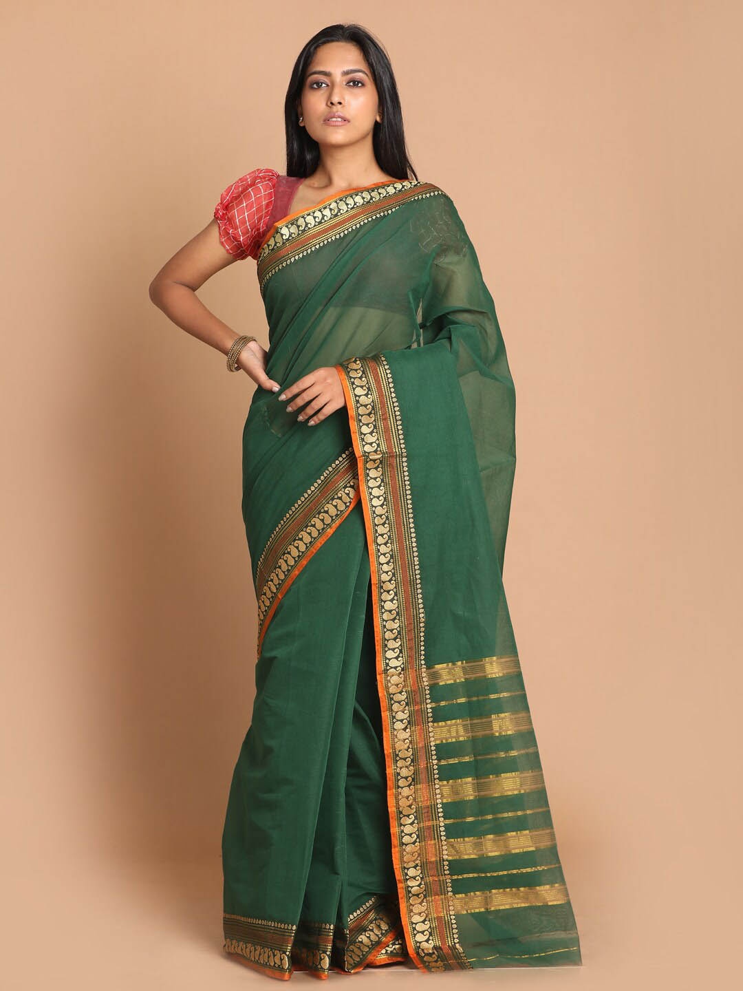 

Saranee Green & Orange Zari Pure Cotton Saree