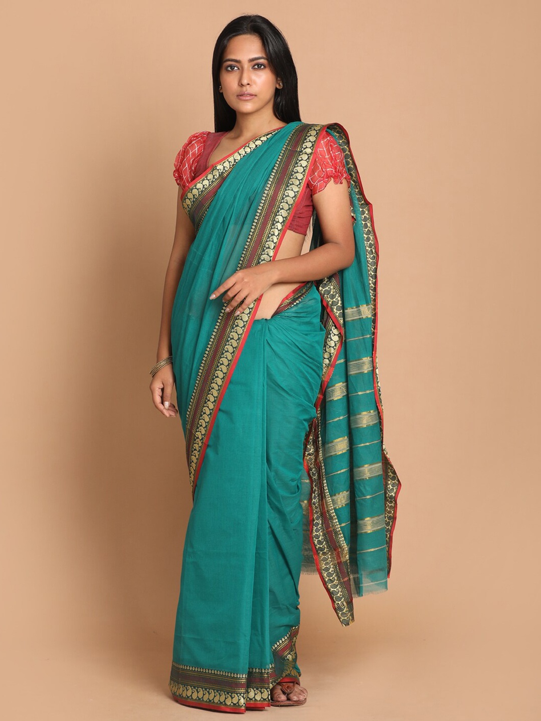 

Saranee Green & Red Zari Pure Cotton Saree