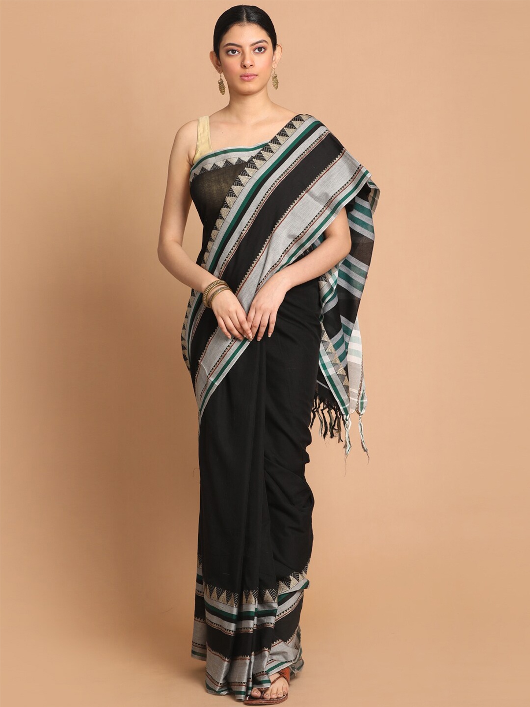 

Indethnic Black & Green Zari Pure Cotton Saree