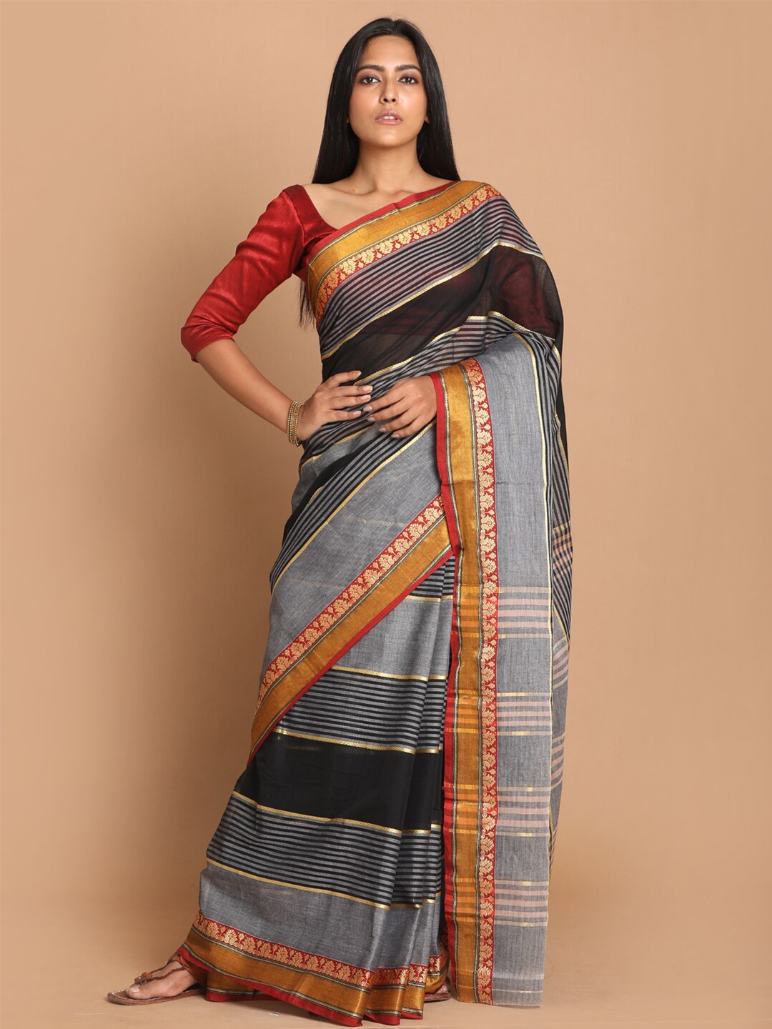 

Saranee Grey & Black Striped Zari Pure Cotton Saree