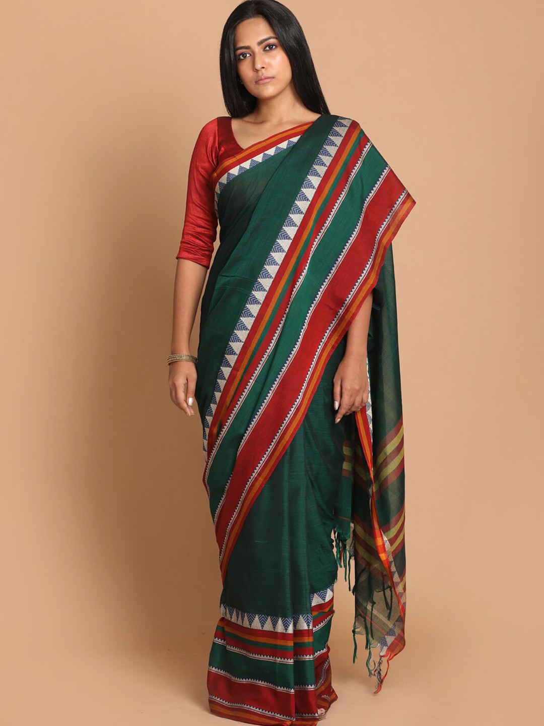 

Indethnic Green & Red Zari Pure Cotton Saree