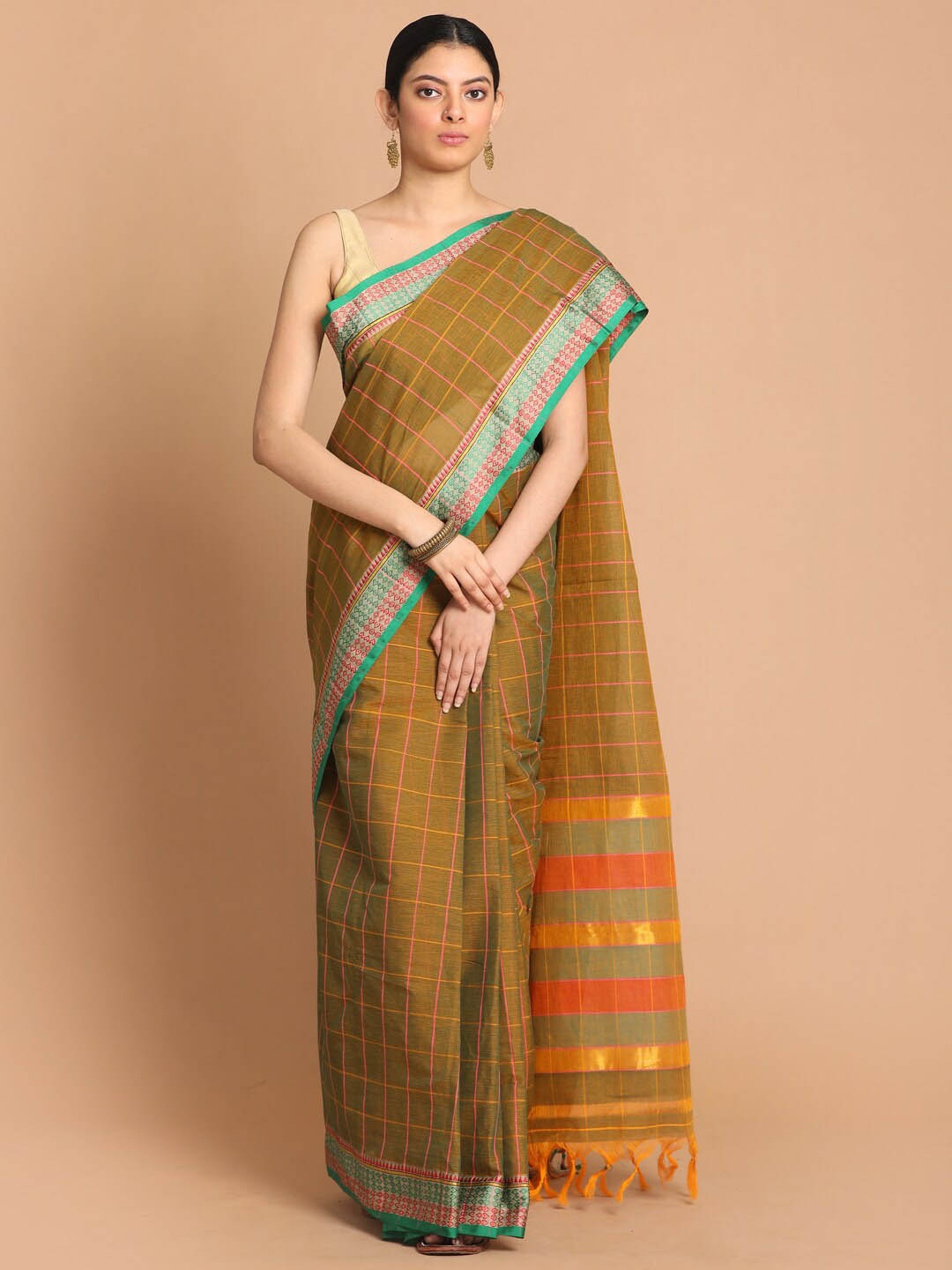 

Indethnic Mustard & Green Checked Zari Pure Cotton Saree
