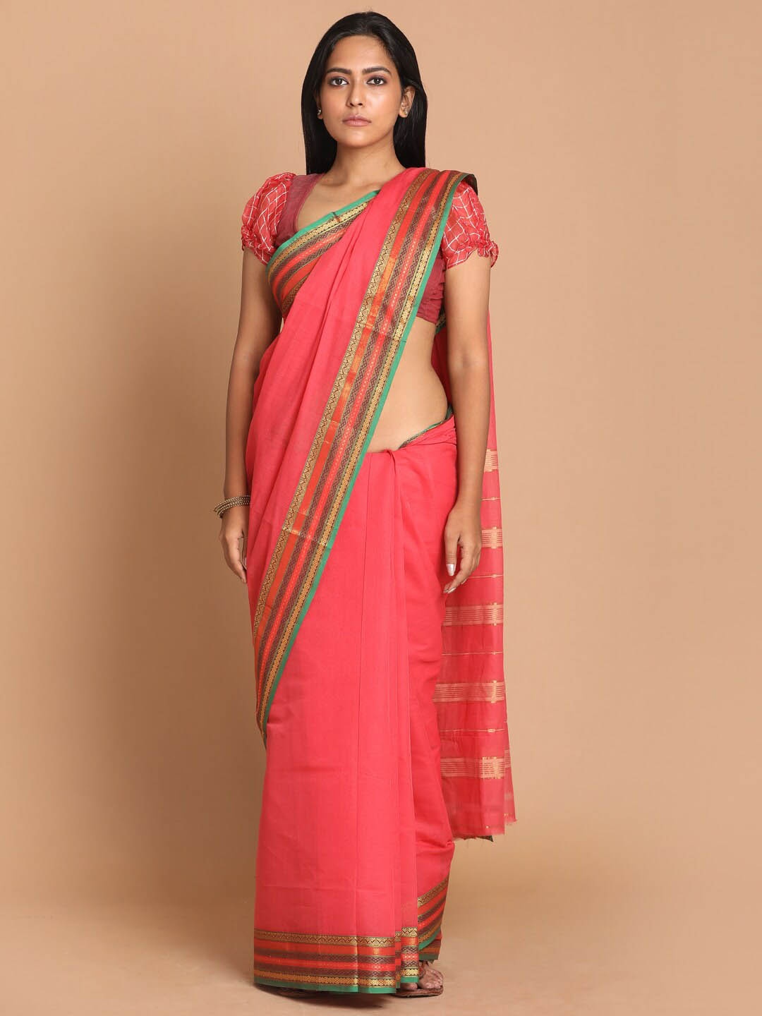 

Indethnic Pink & Green Zari Pure Cotton Saree