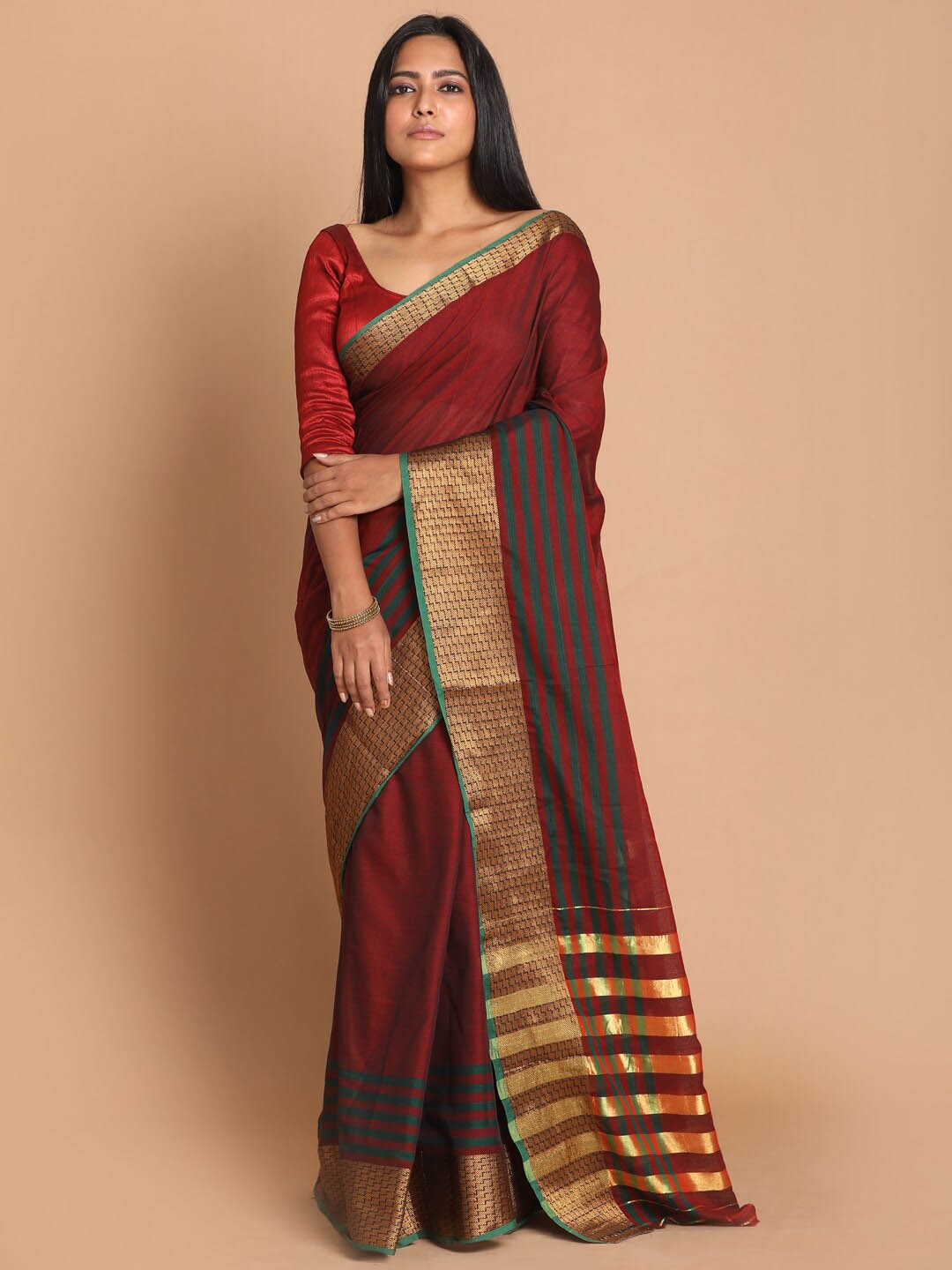 

Indethnic Brown & Gold-Toned Zari Pure Cotton Saree