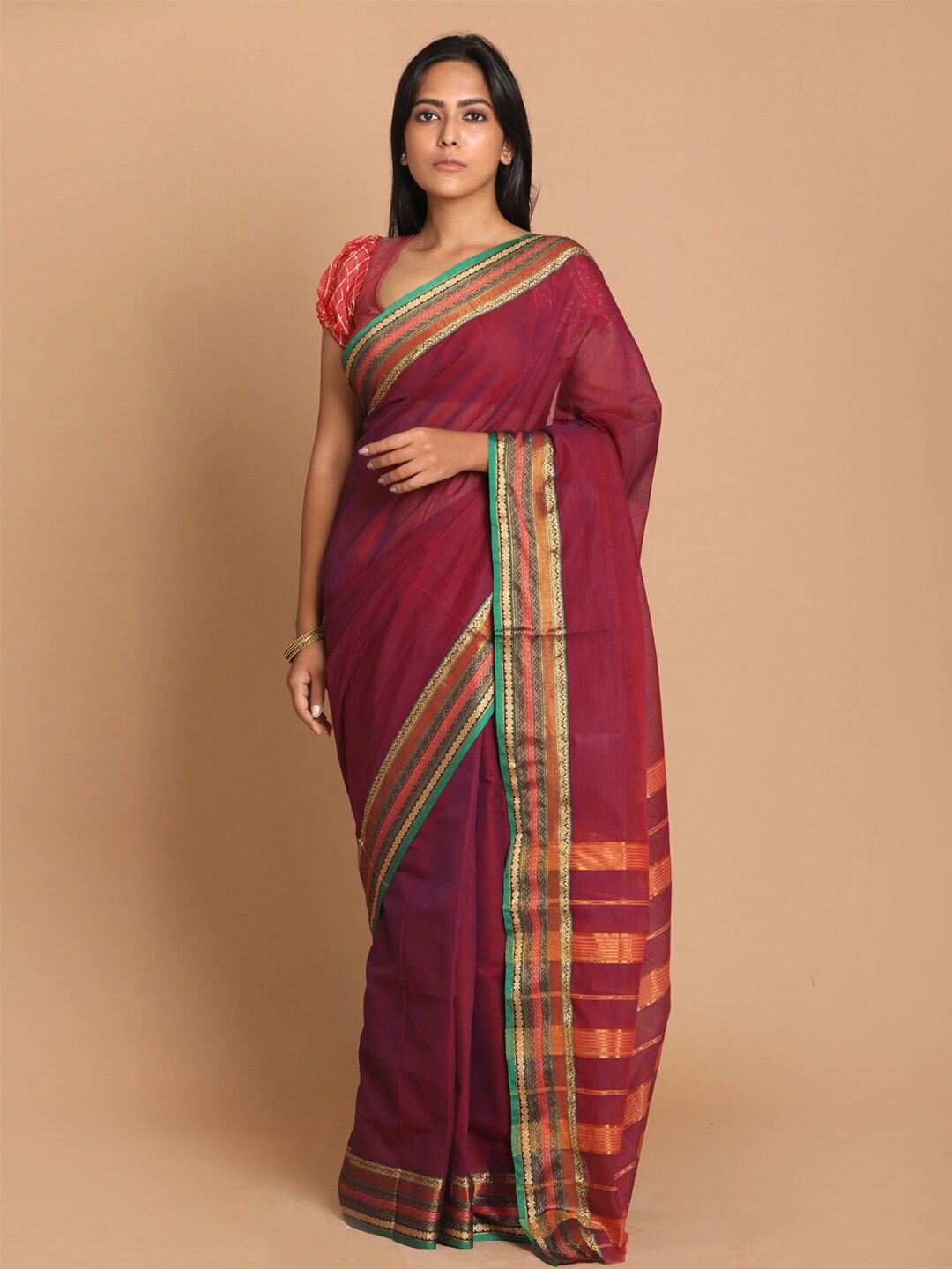 

Indethnic Maroon & Gold-Toned Zari Pure Cotton Saree