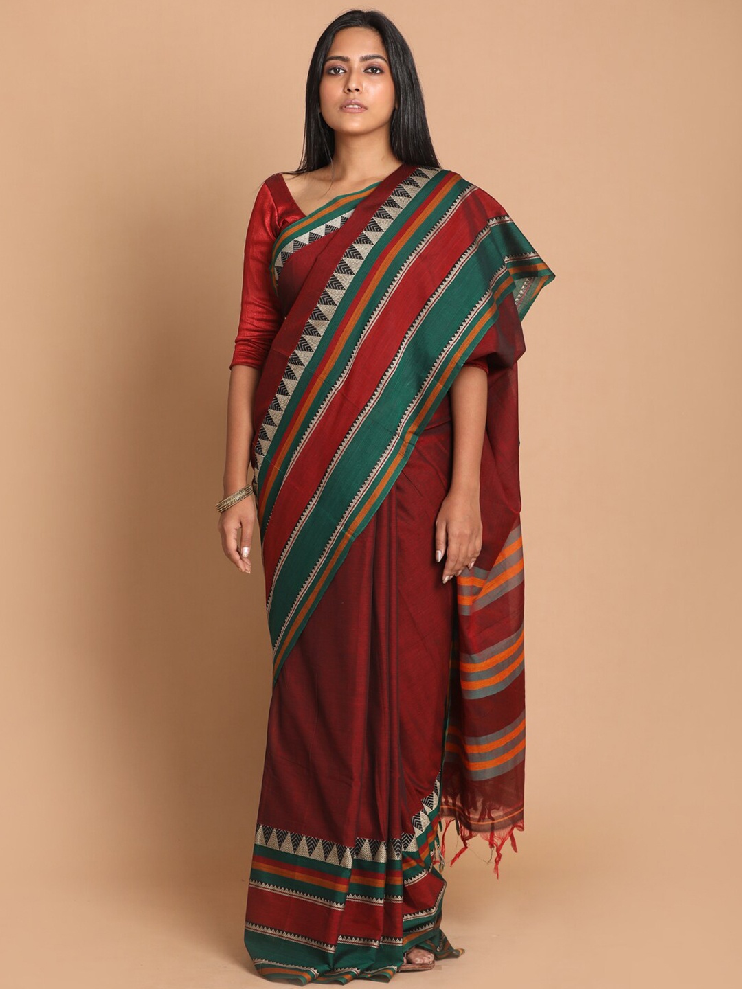 

Indethnic Maroon & Green Zari Pure Cotton Saree