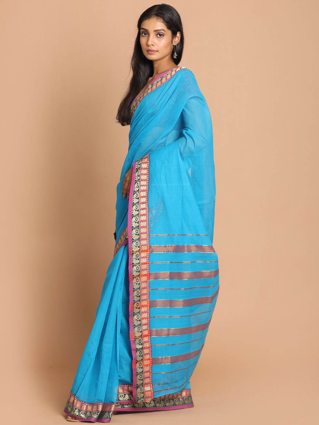 

Indethnic Blue & Gold-Toned Zari Pure Cotton Saree