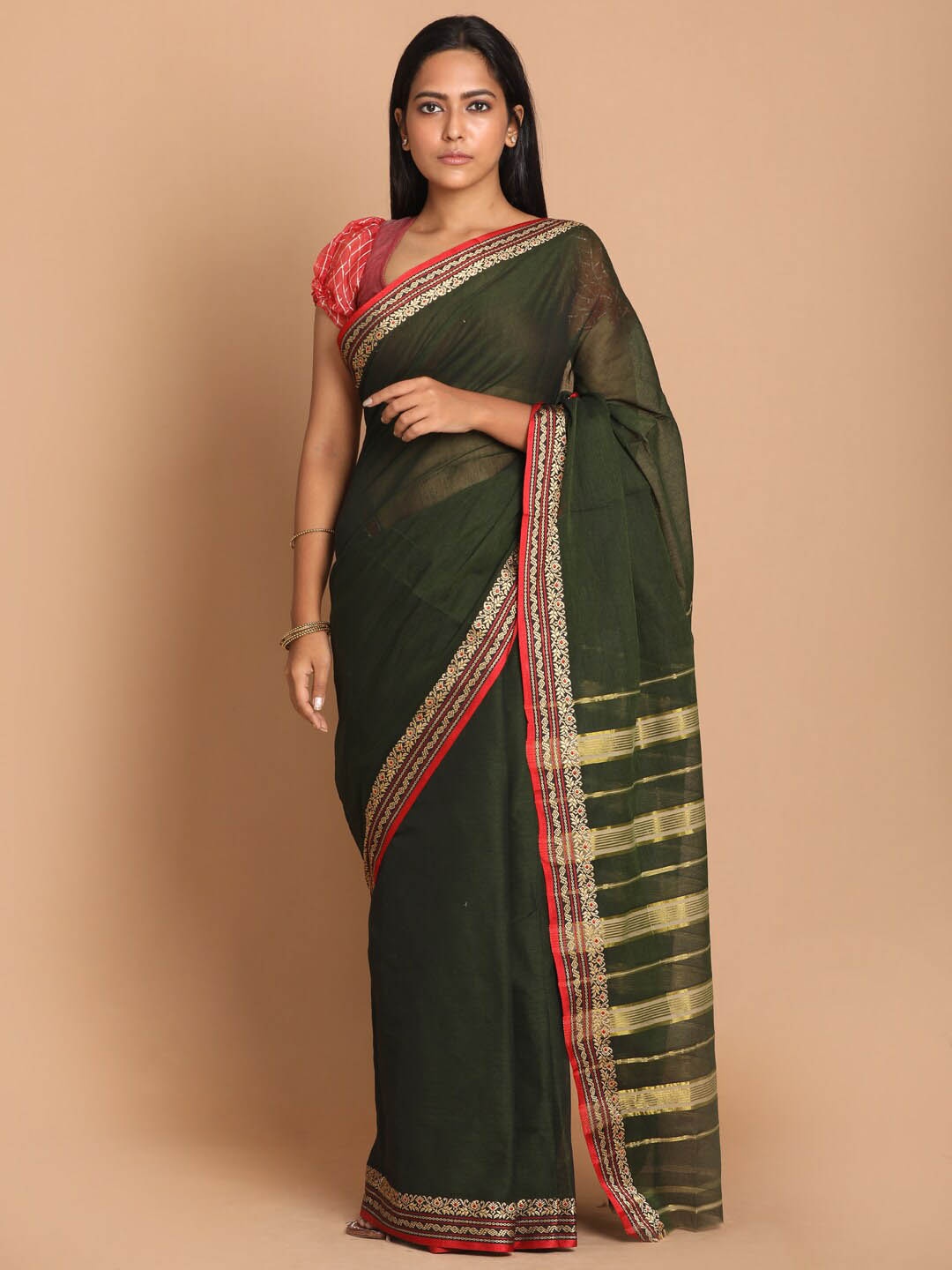

Saranee Green & Red Pure Cotton Saree