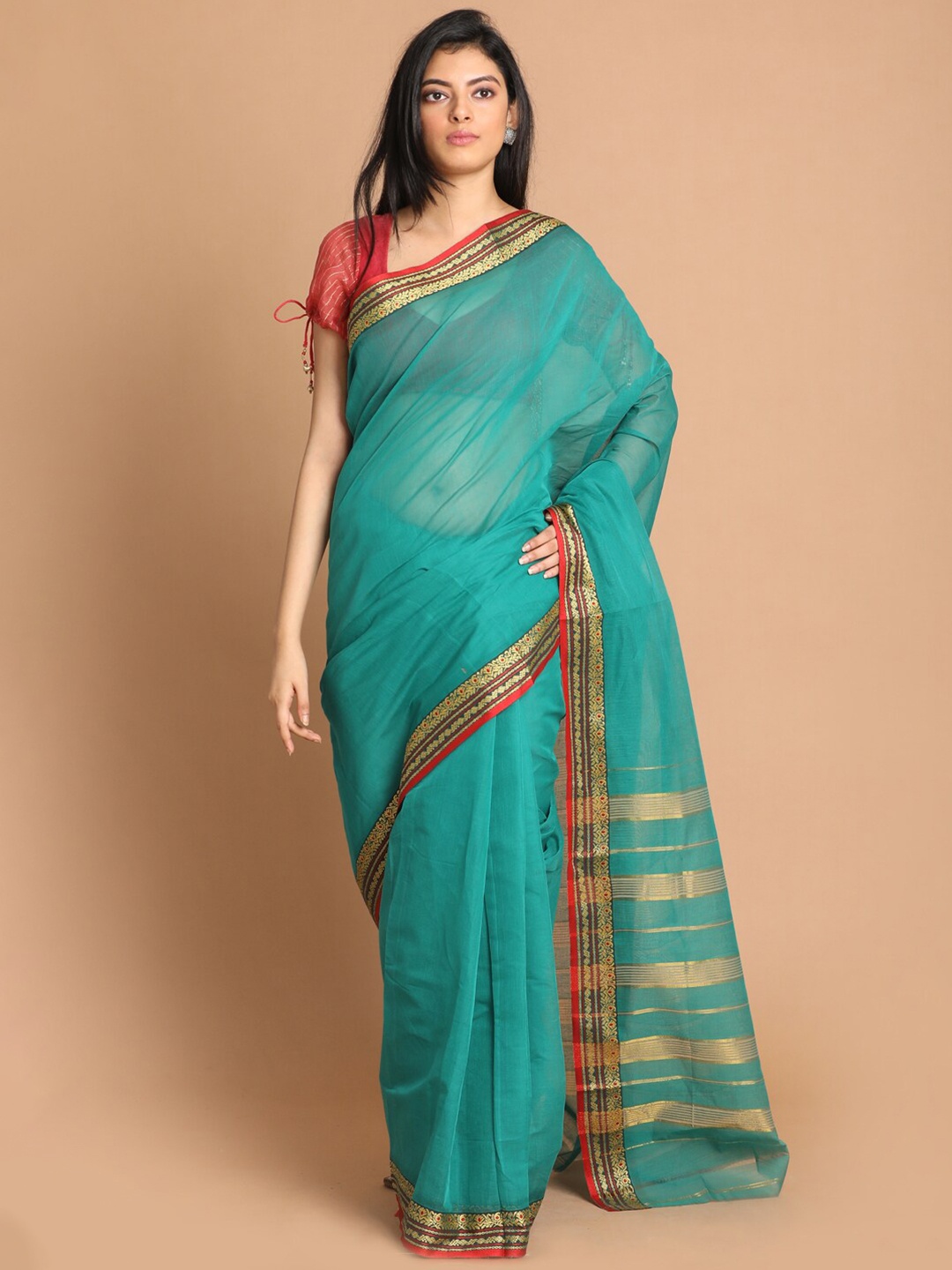 

Indethnic Olive Green & Red Zari Pure Cotton Saree