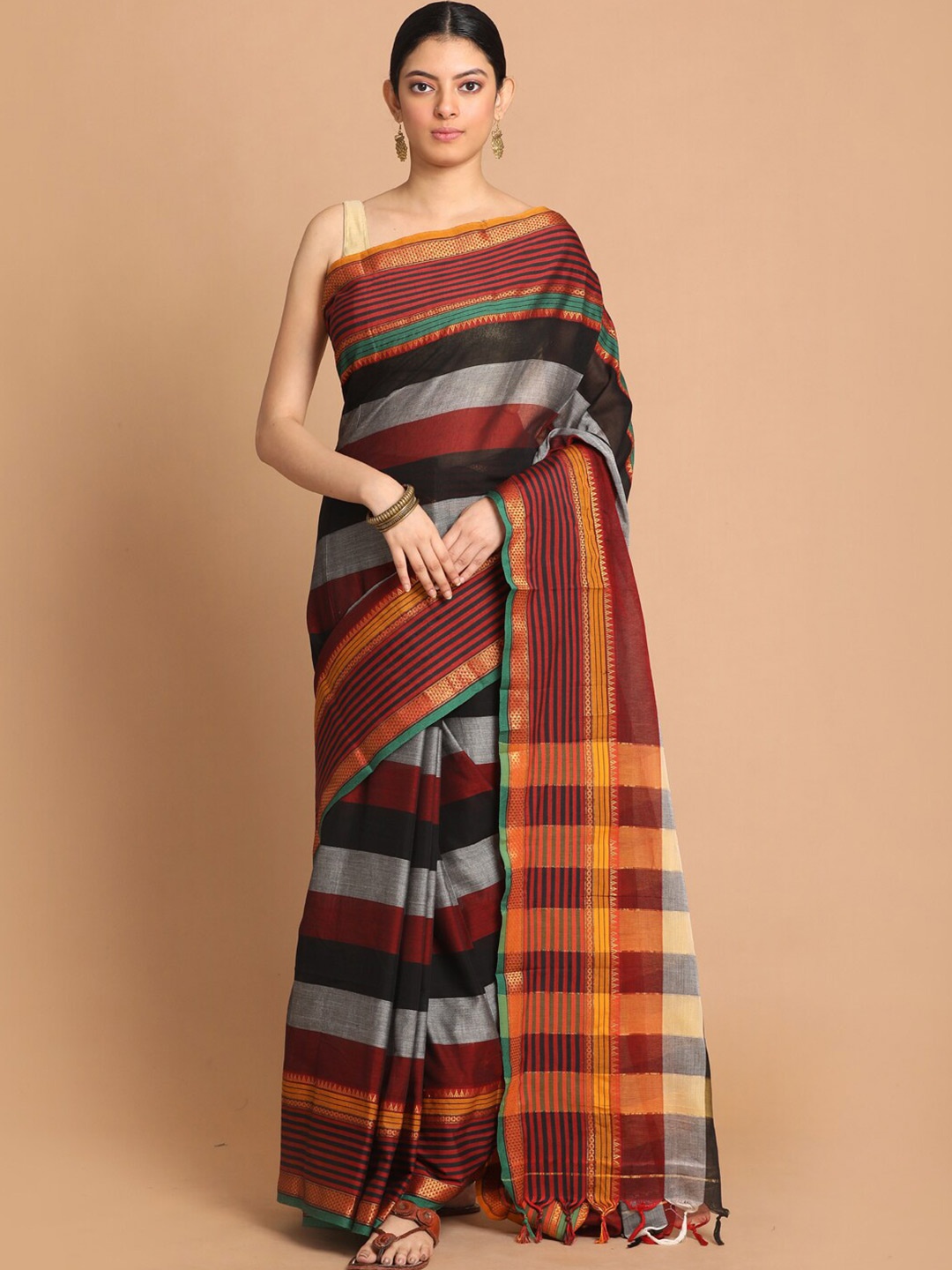 

Indethnic Grey & Maroon Striped Pure Cotton Saree