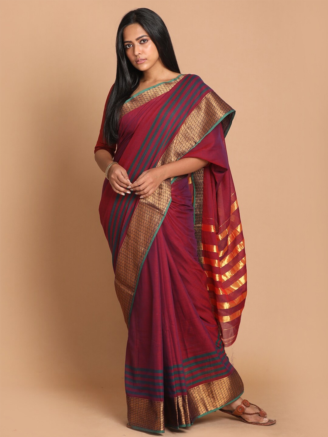 

Indethnic Maroon & Gold-Toned Zari Pure Cotton Saree