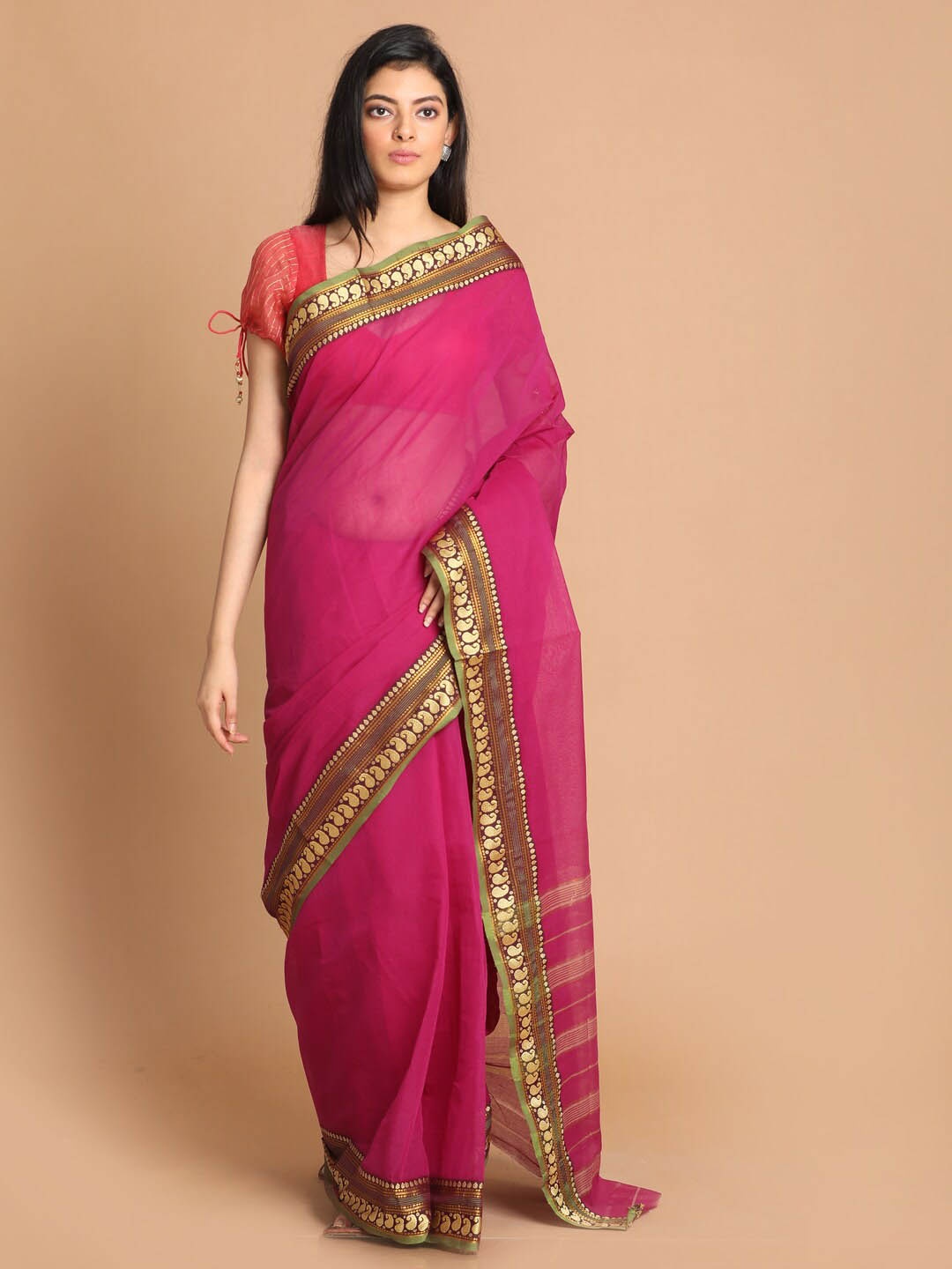

Indethnic Maroon & Green Zari Pure Cotton Saree