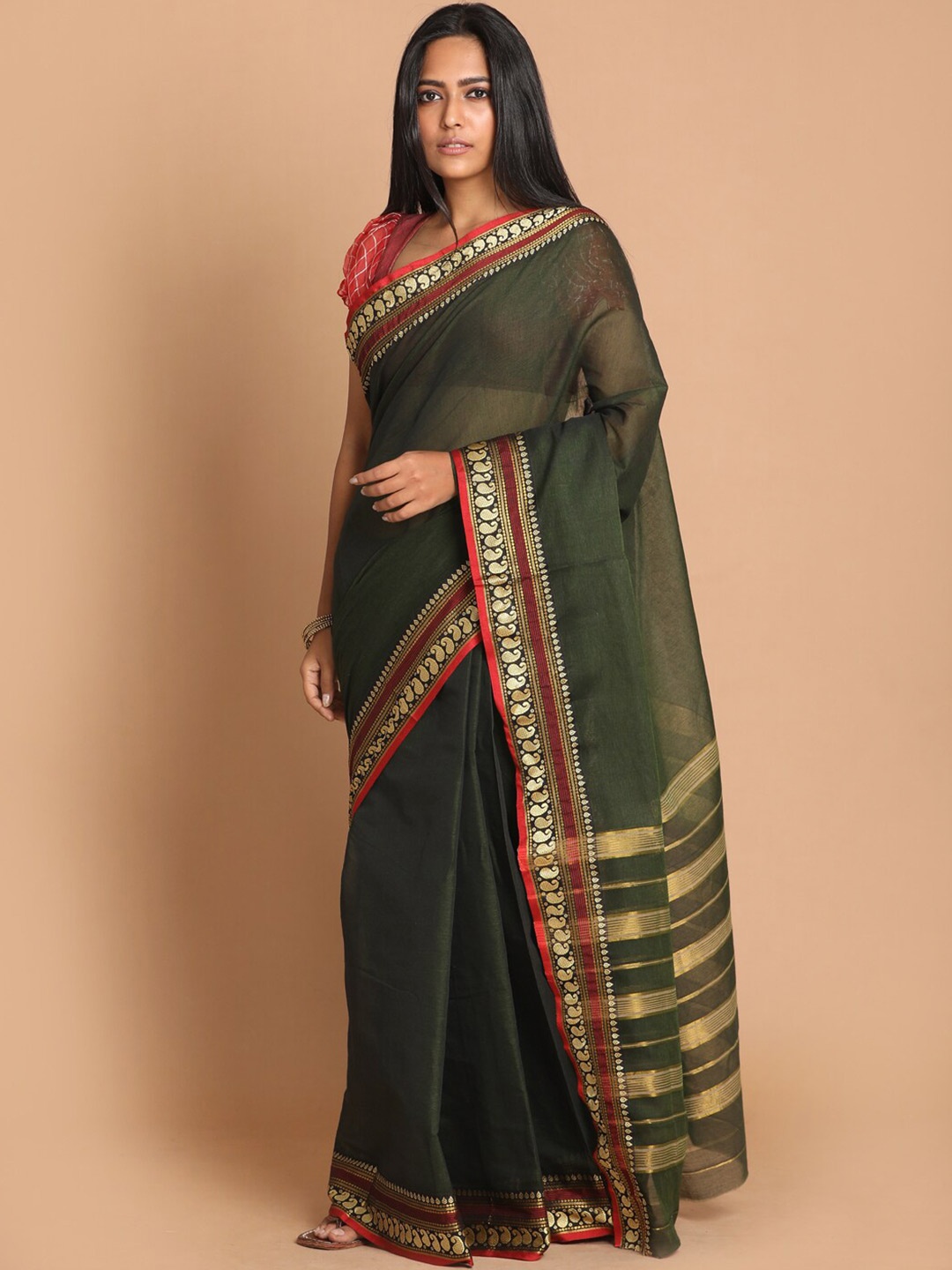 

Saranee Sea Green & Red Zari Pure Cotton Saree