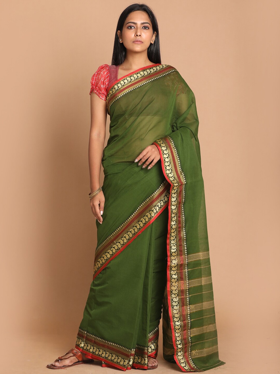 

Saranee Olive Green & Red Zari Pure Cotton Saree