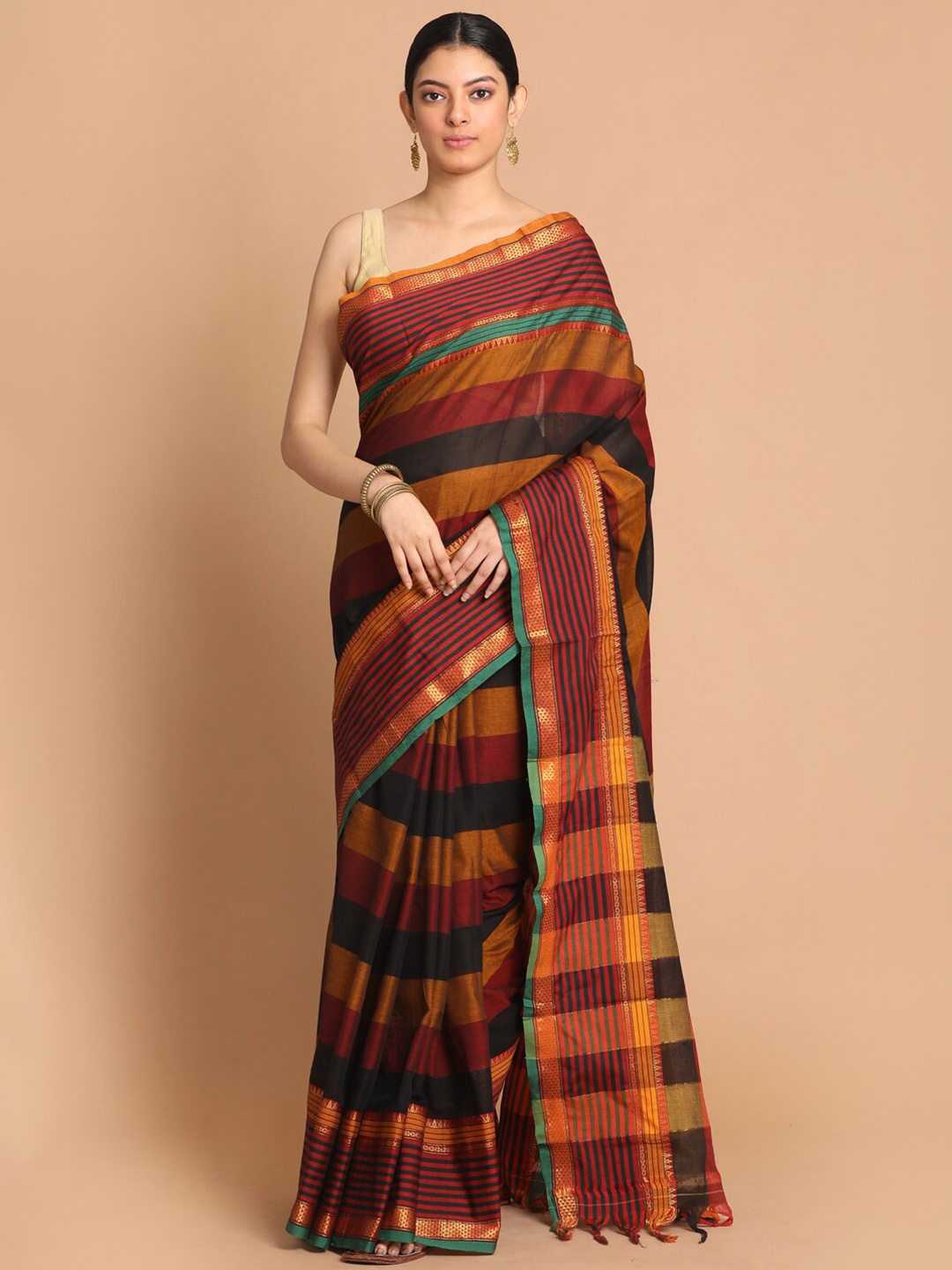 

Indethnic Black & Maroon Striped Pure Cotton Saree
