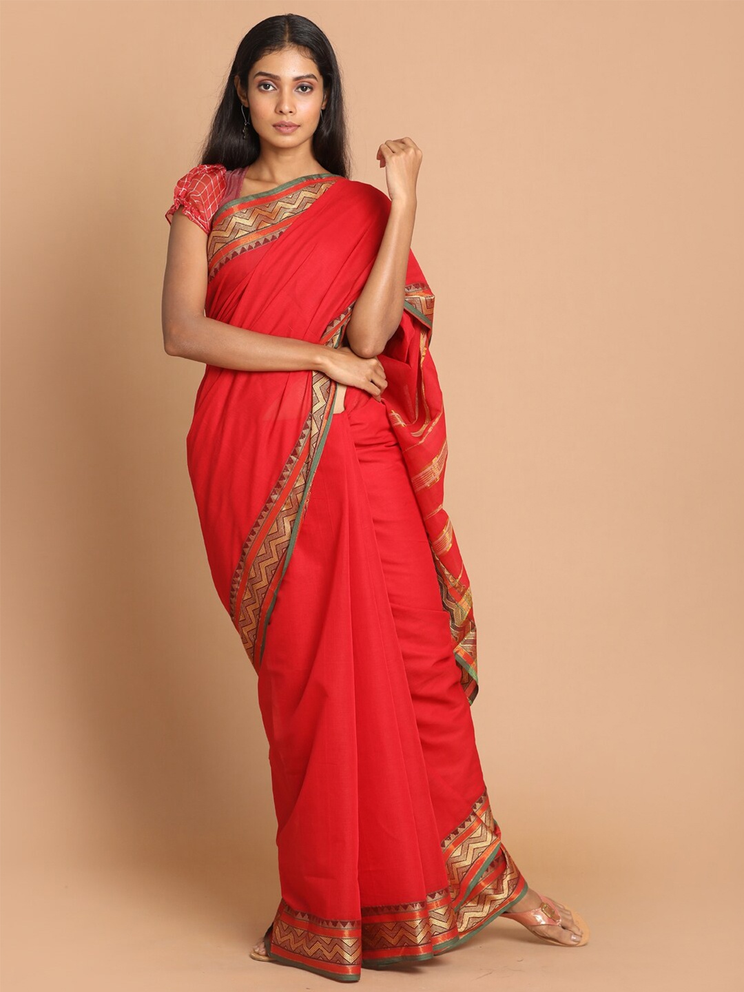 

Saranee Red & Gold-Toned Zari Pure Cotton Saree