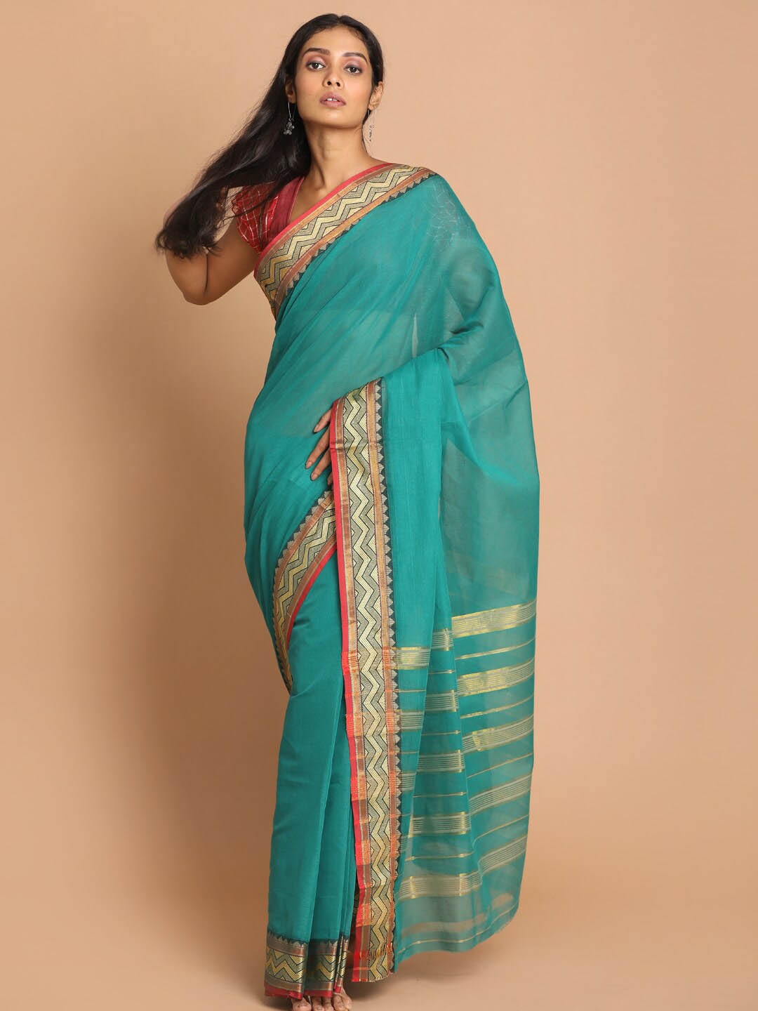 

Saranee Green & Gold-Toned Zari Pure Cotton Saree