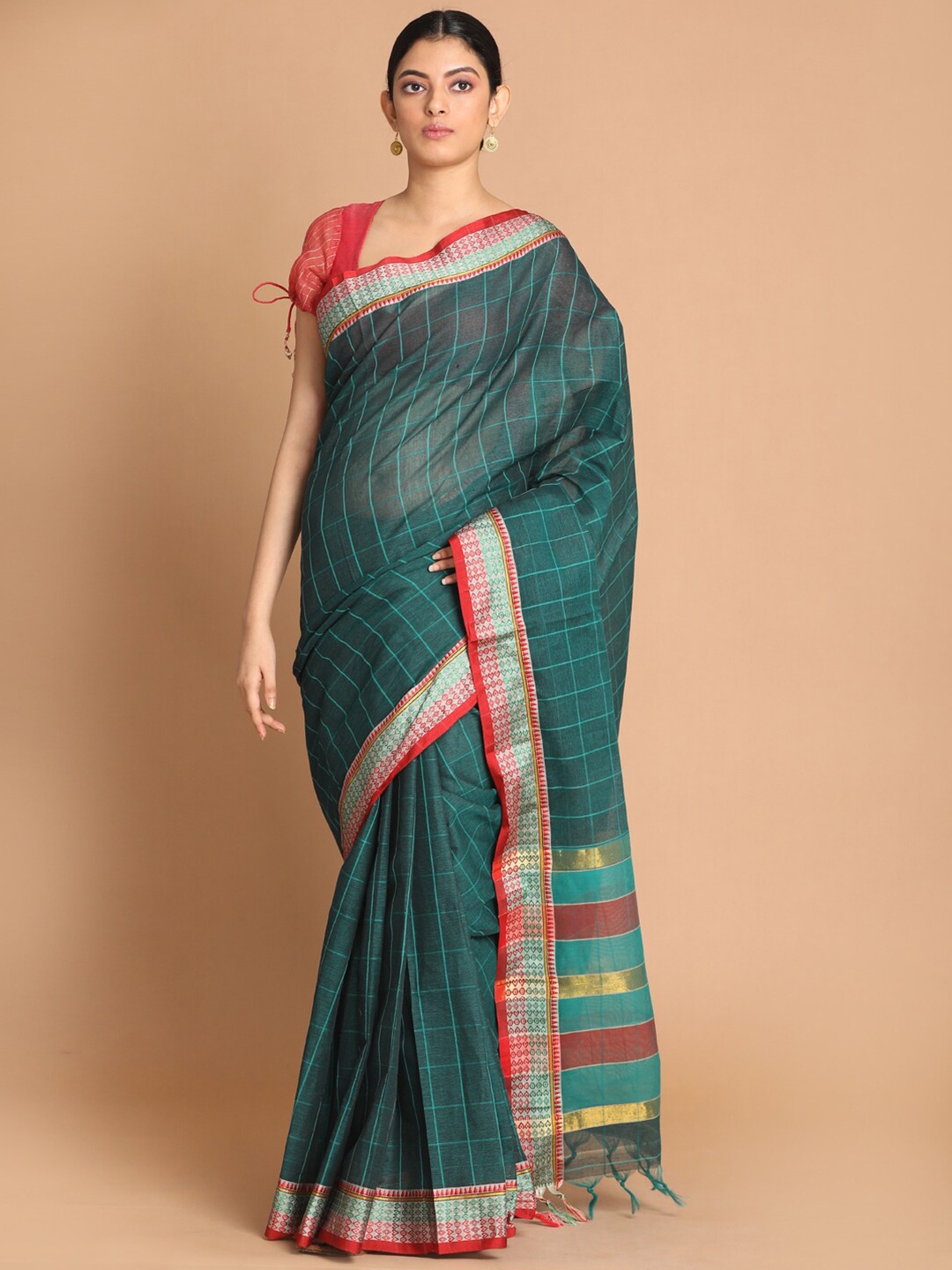

Saranee Green & Red Checked Pure Cotton Saree