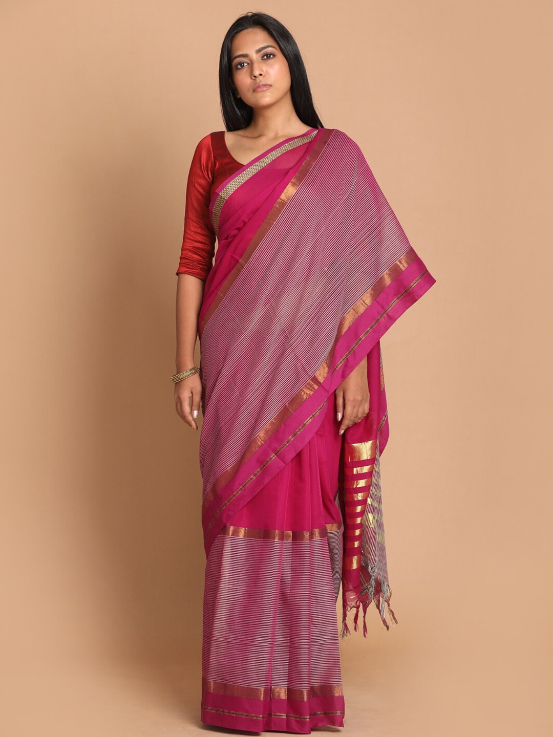 

Indethnic Purple & Gold Striped Zari Pure Cotton Saree