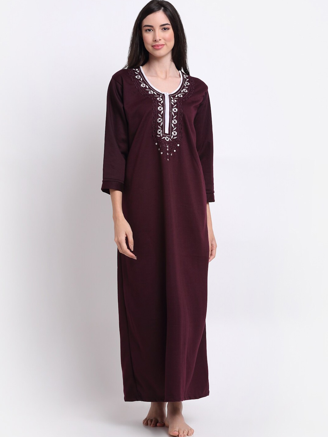 

Secret Wish Maroon Embroidered Maxi Nightdress