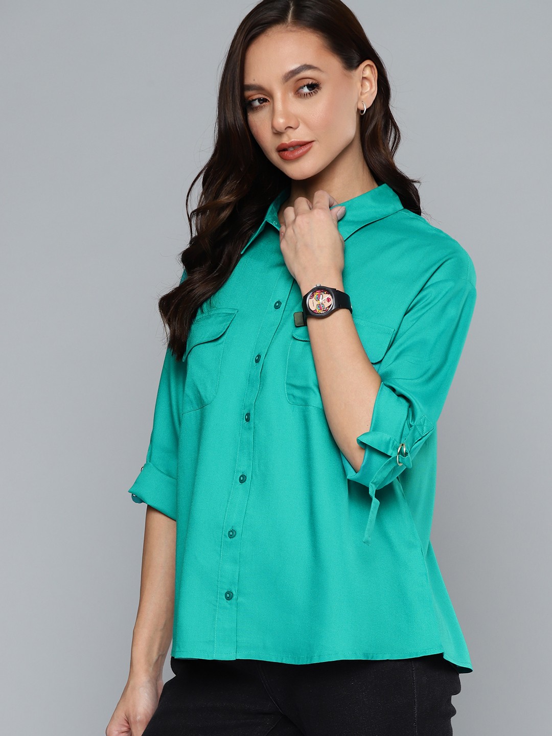 

Harvard Women Turquoise Blue Casual Shirt
