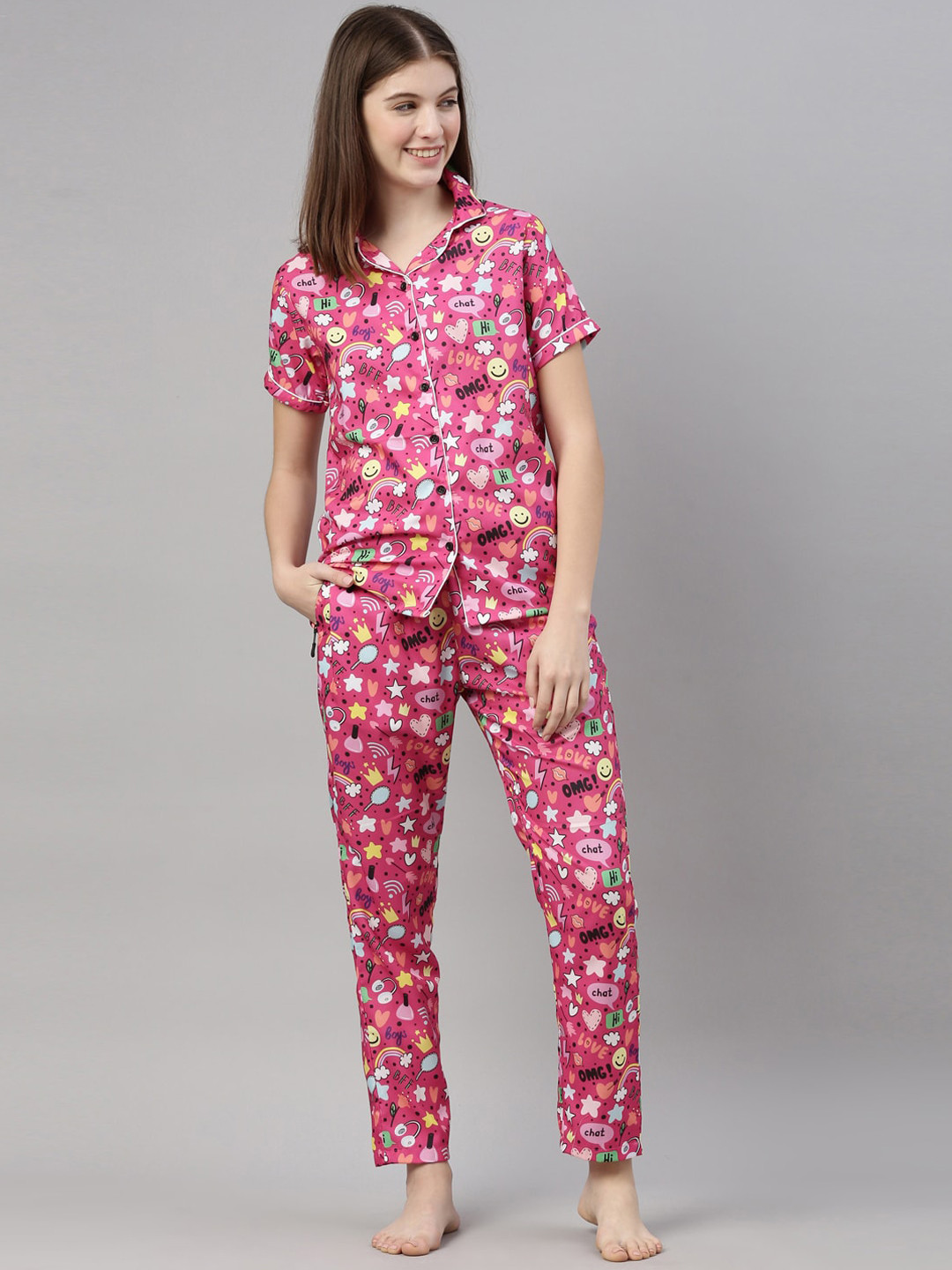 

Bushirt Women Pink & White Printed Night suit