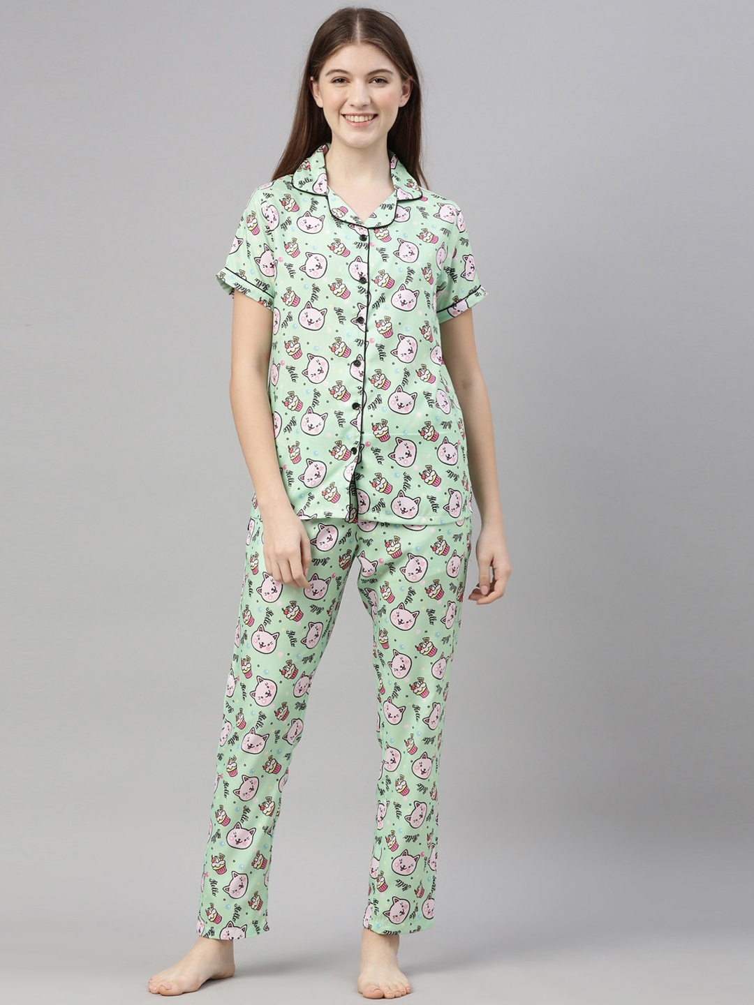 

Bushirt Women Lime Green & Pink Printed Night suit