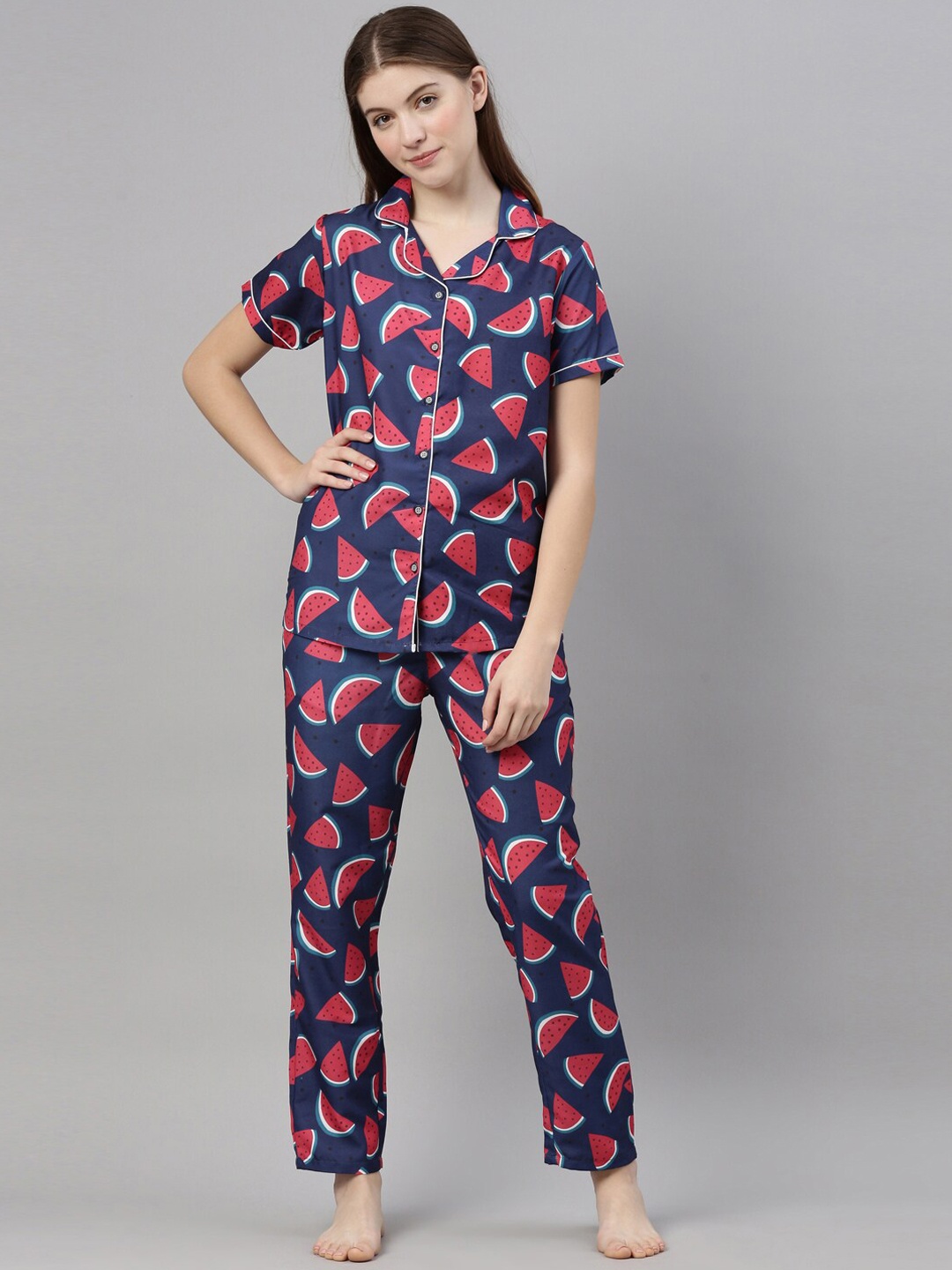 

Bushirt Women Blue & Red Conversational Printed 2 Pc Night Suit