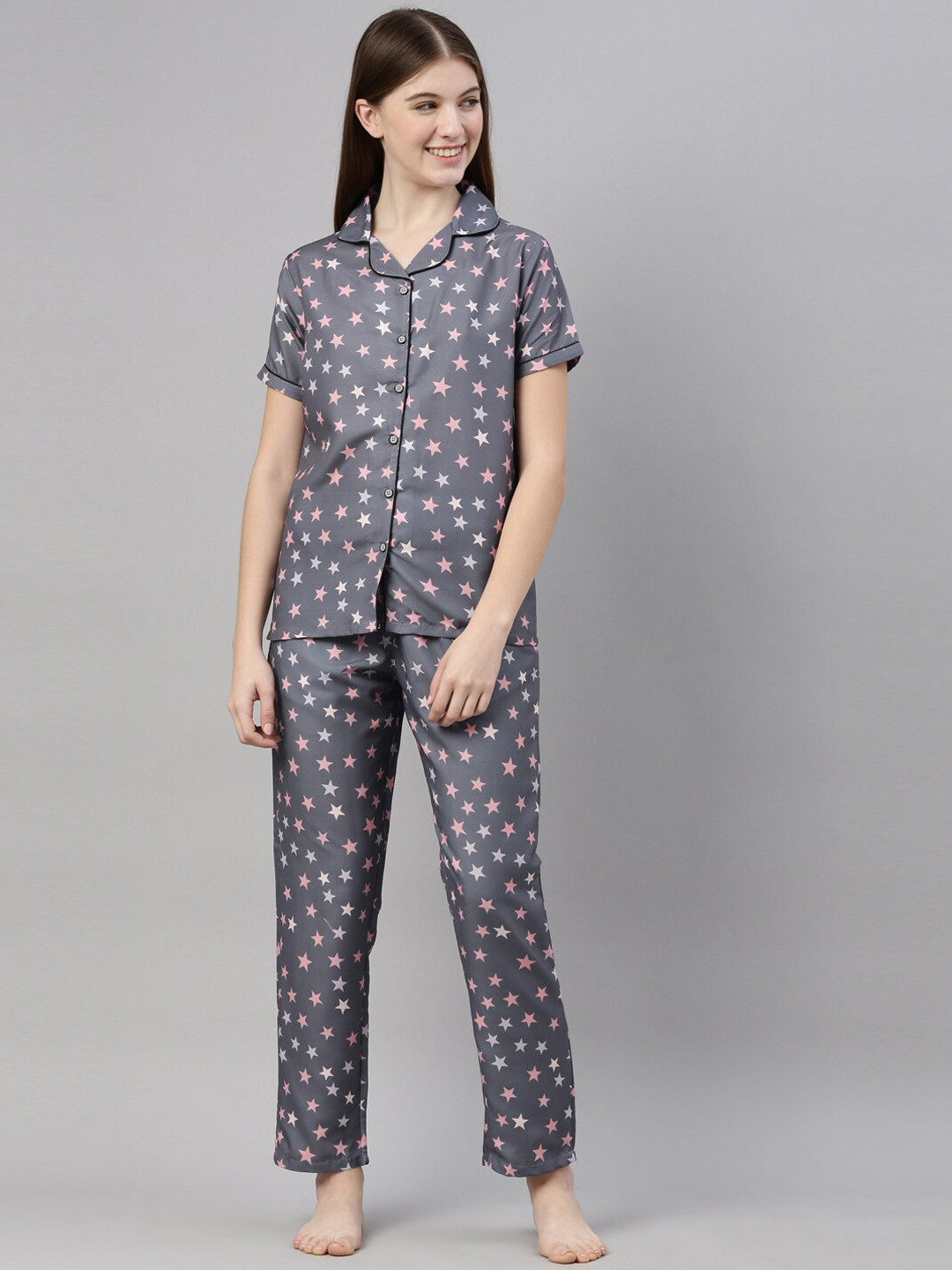 

Bushirt Women Grey & Pink Printed Night suit