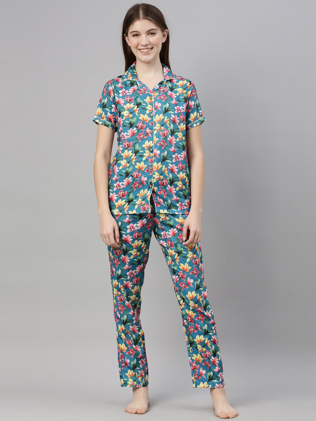 

Bushirt Women Blue & Pink Printed Night suit