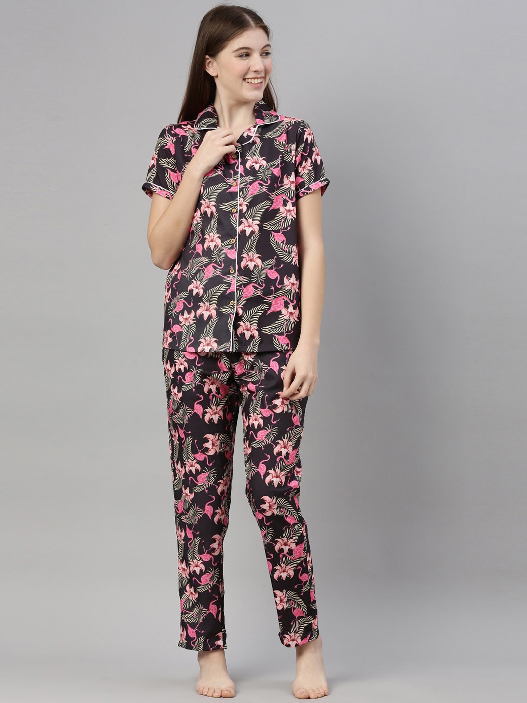

Bushirt Women Green & Grey Printed Night suit