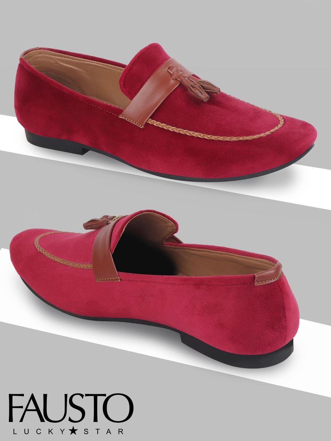 

FAUSTO Men Red Velvet Lightweight Loafers With Tassles