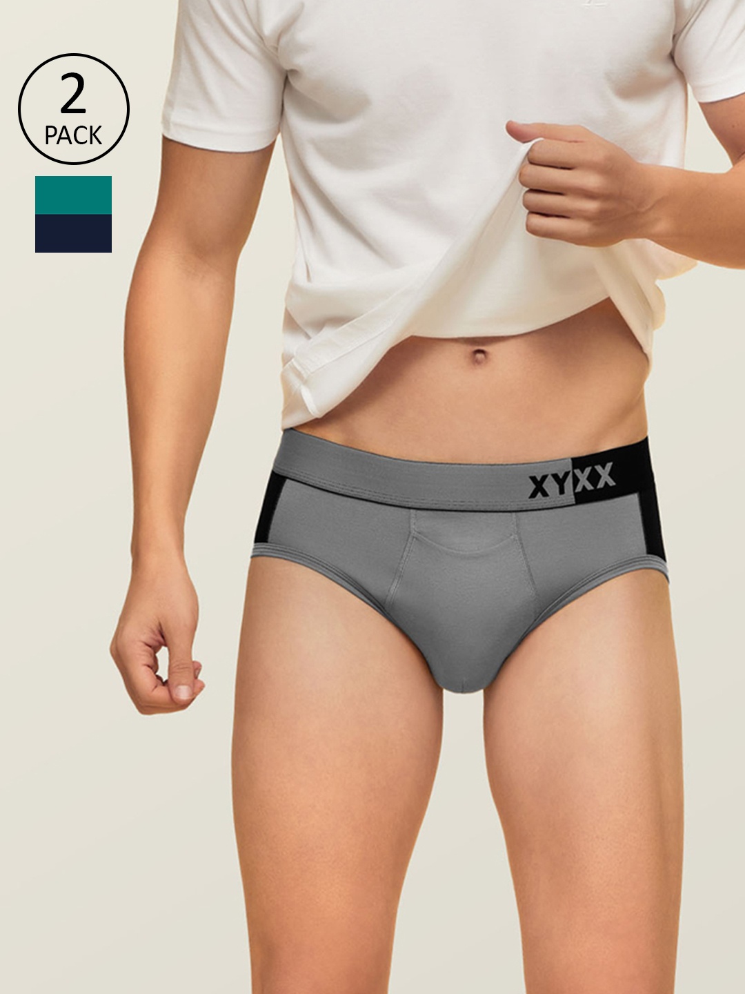 

XYXX Men Pack Of 2 Colourblocked Basic Briefs, Grey