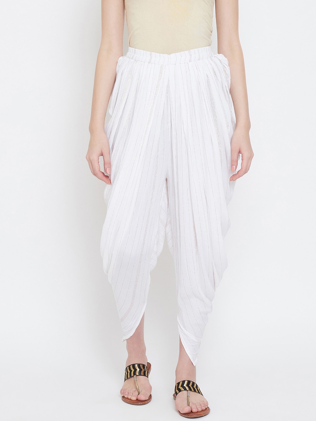 

TULIP 21 Women White & Gold Toned Striped Dhoti Pants