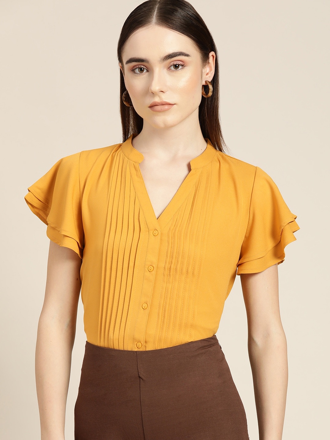 

her by invictus Women Mustard Yellow Solid Ruffled Sleeves Regular Top