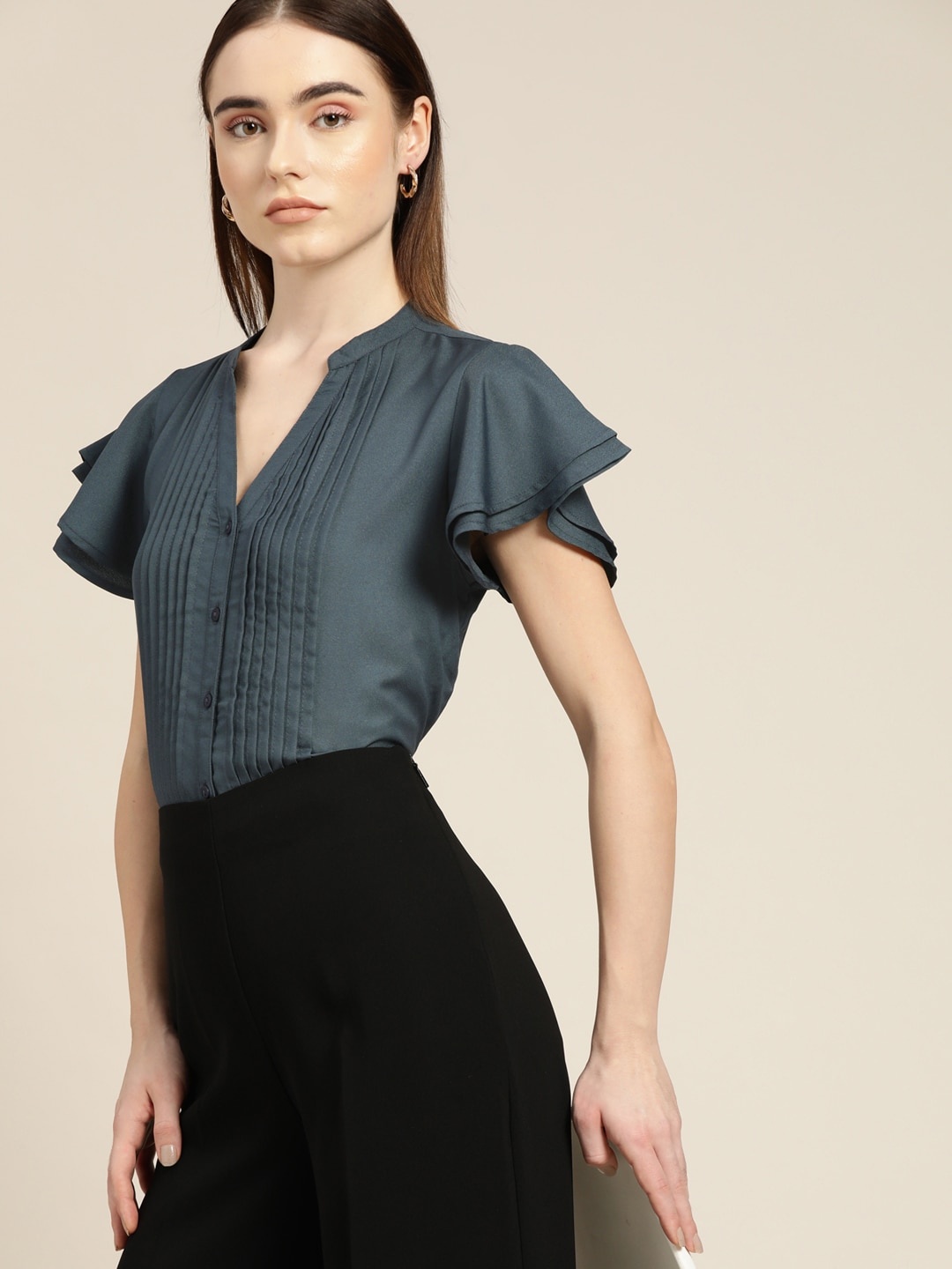 

her by invictus Women Teal Blue Solid Ruffled Sleeves Regular Top
