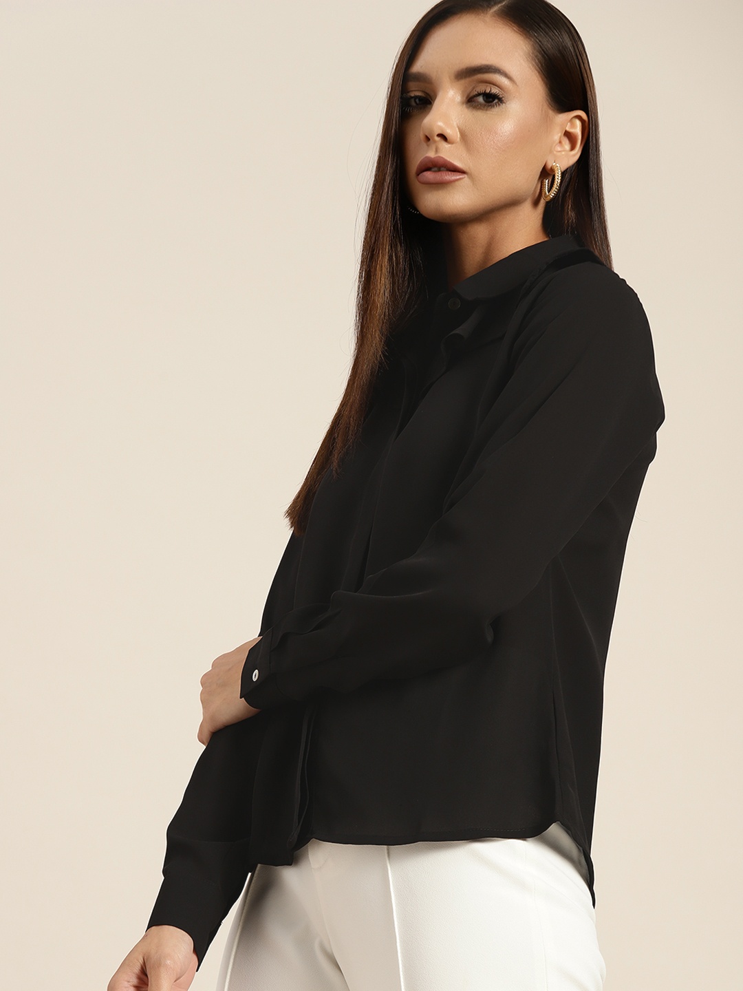 

her by invictus Women Black Solid Casual Shirt with Ruffle Detail