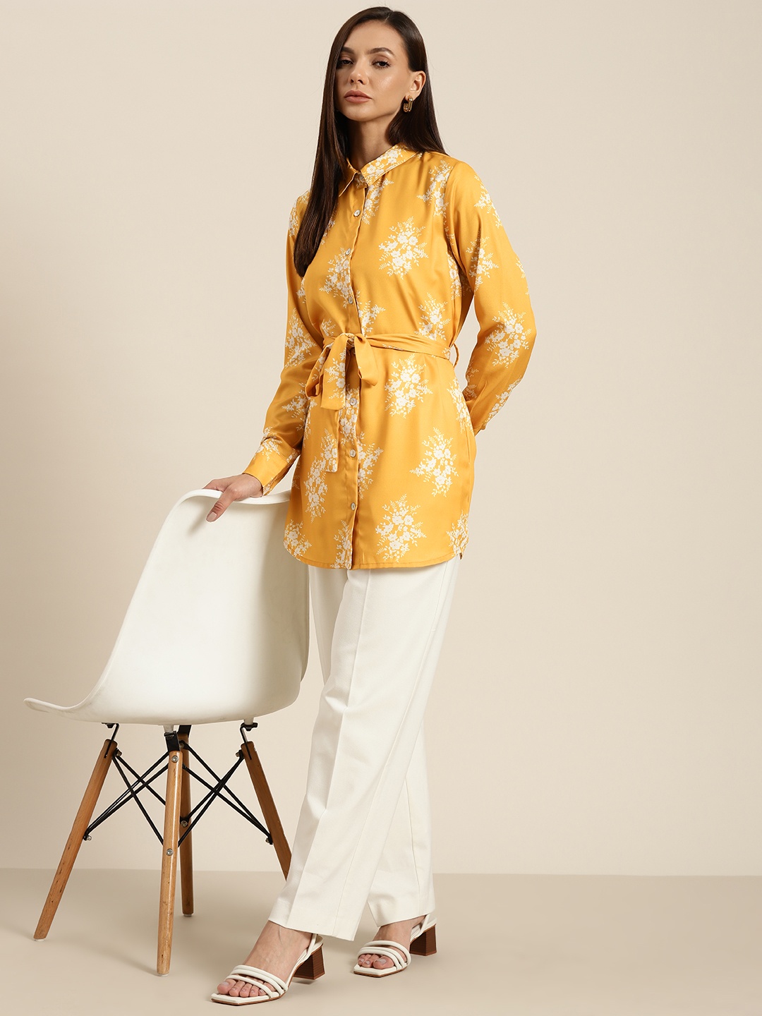 

her by invictus Women Mustard Yellow Floral Printed Casual Shirt