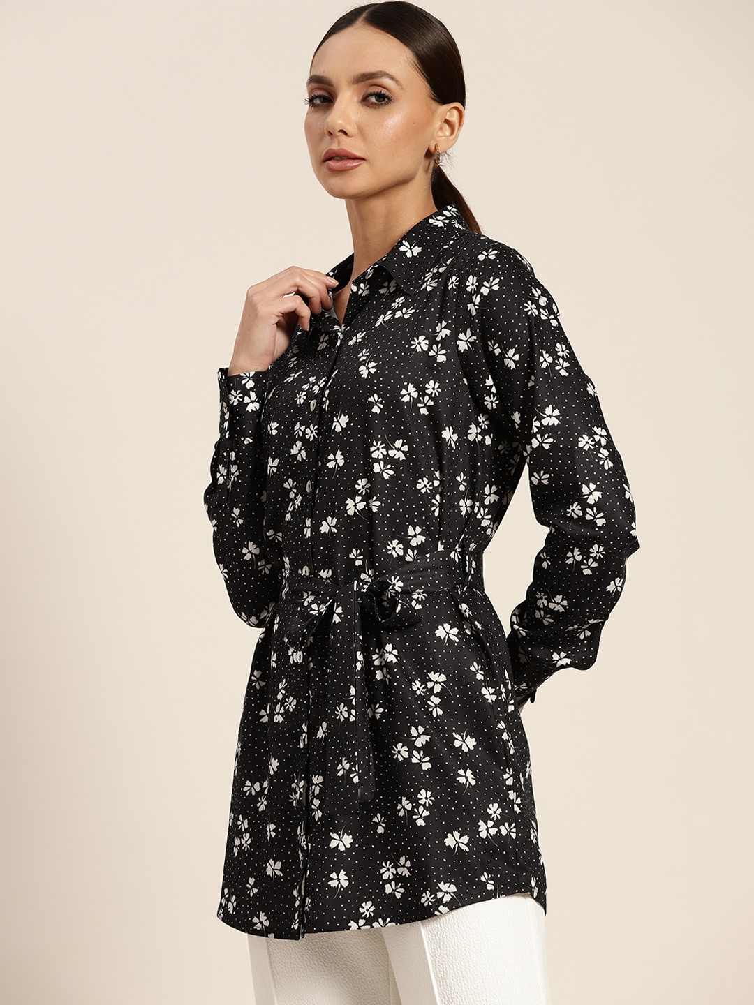 

her by invictus Women Black Floral Printed Casual Longline Shirt