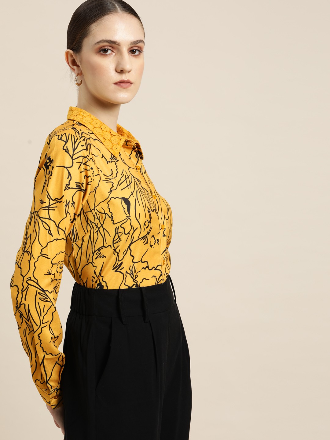 

her by invictus Women Yellow & Black Abstract Printed Casual Shirt