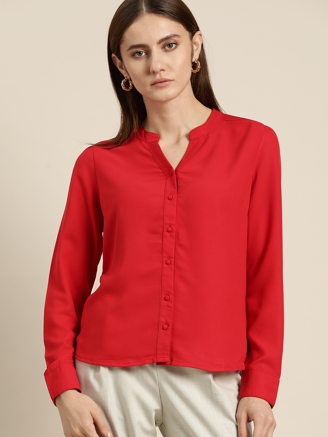 

her by invictus Mandarin Collar Casual Shirt, Red