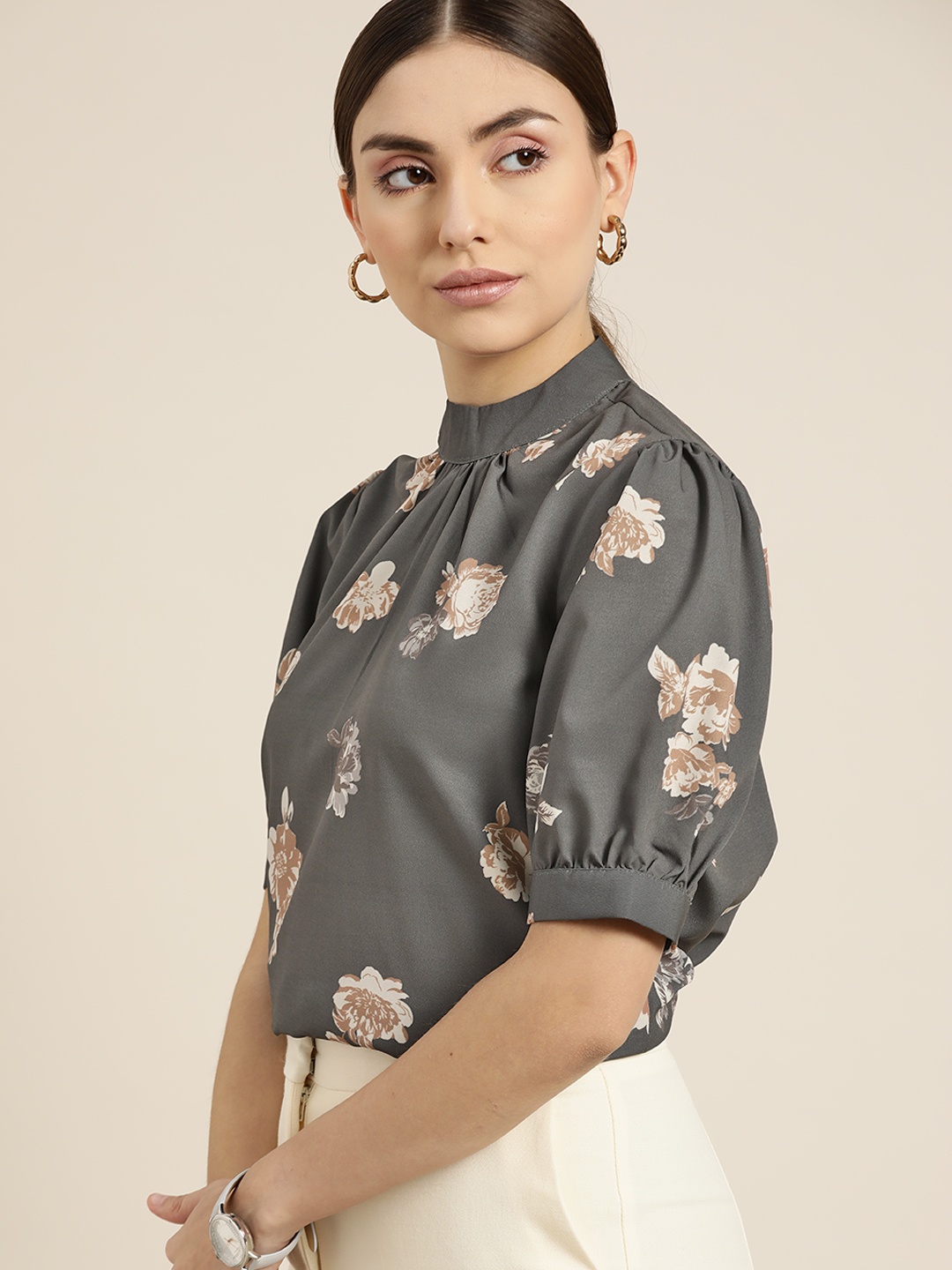 

her by invictus Charcoal Grey & Beige Floral Print Top