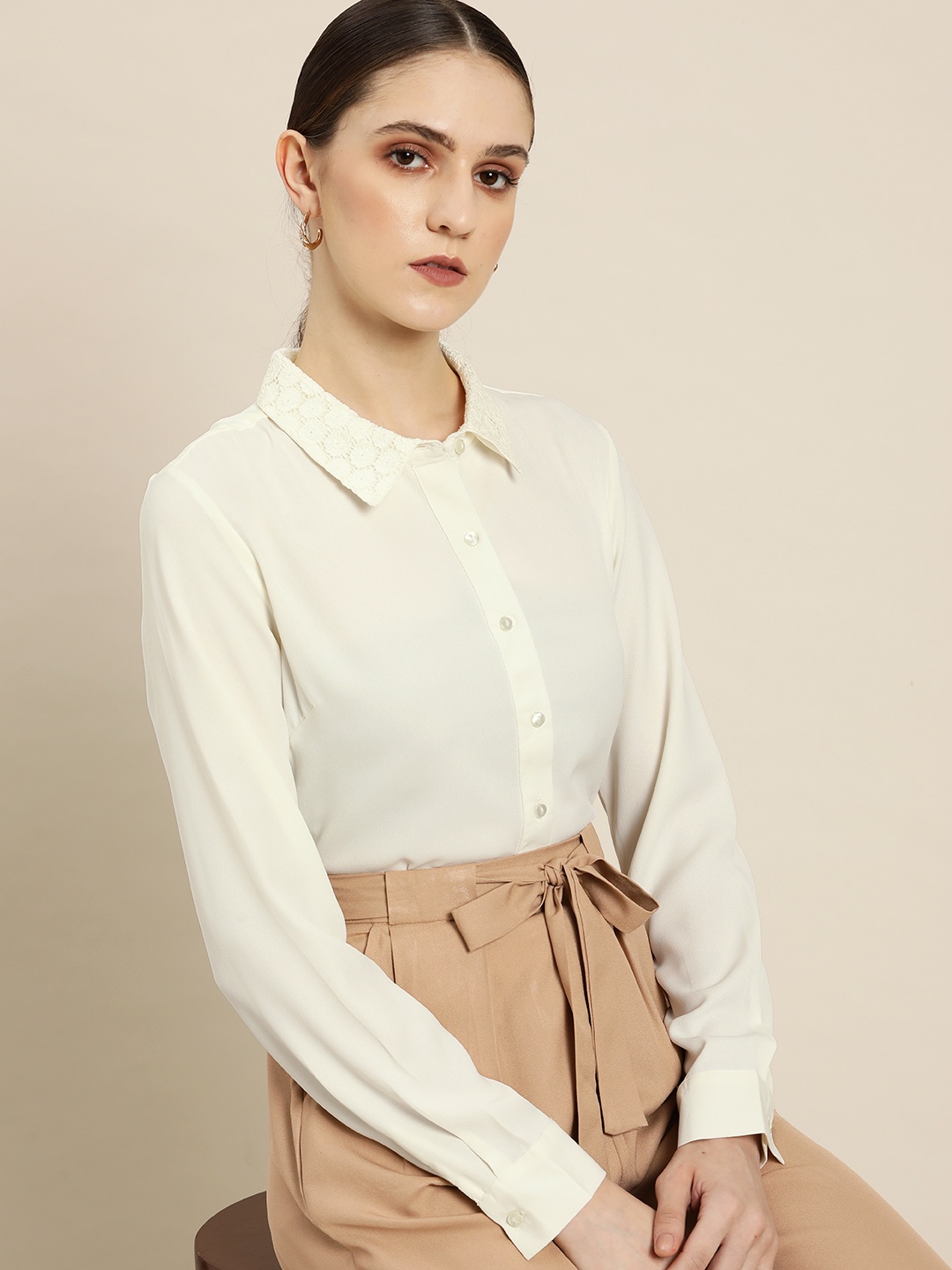 

her by invictus Women Cream-Coloured Solid Easy-Iron Casual Shirt