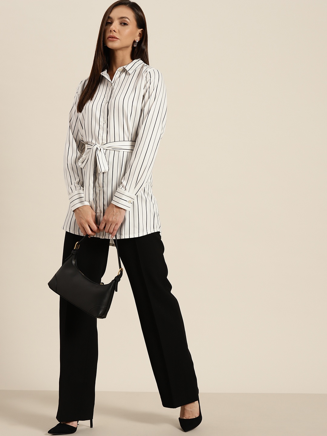 

her by invictus Women Off White Striped Casual Shirt