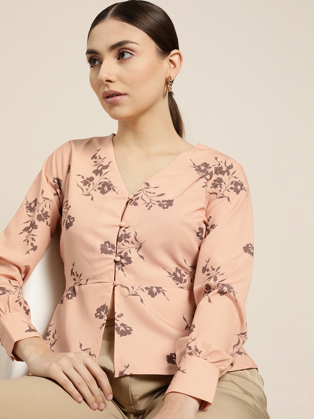 

her by invictus Peach-Coloured & Olive Green Floral Print Top